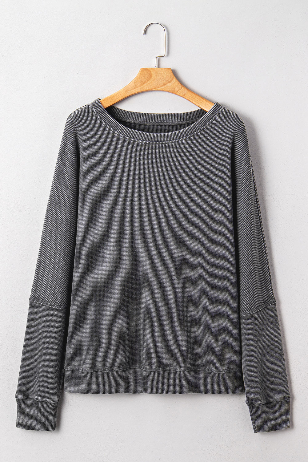 *Dark Brown Waffle Knit Patchwork Long Sleeve Loose Top