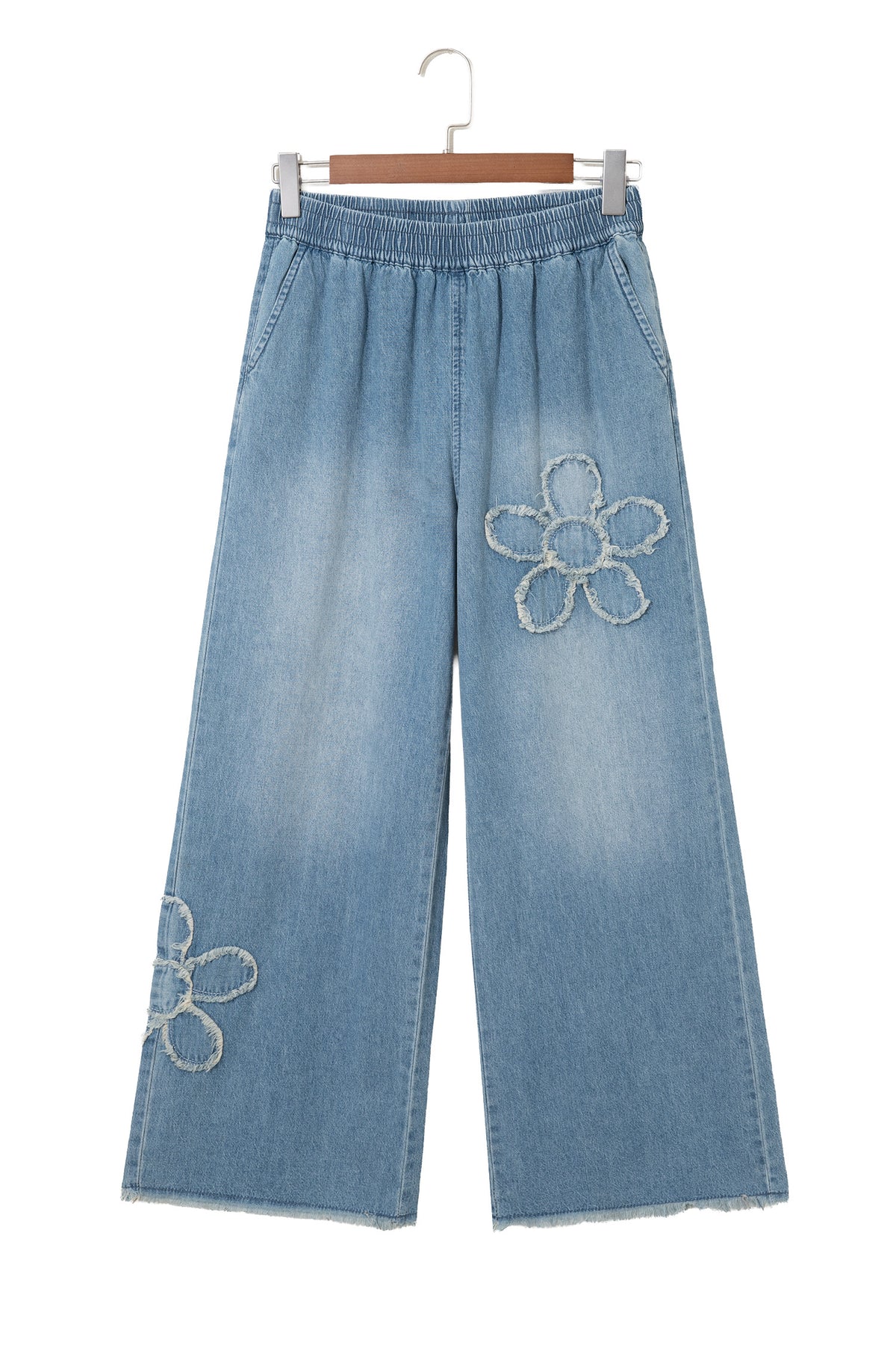 *Beau Blue Frayed Floral Patch Wide Leg Raw Hem Wide Leg Jeans