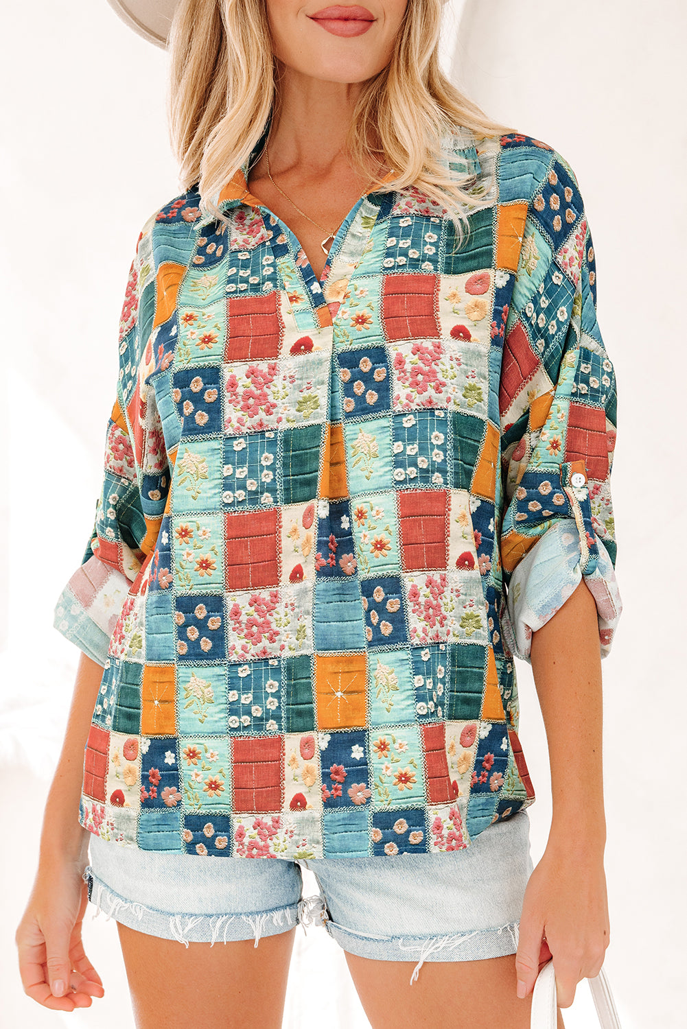*Sky Blue Floral Collared V Neck Roll up Sleeve Shift Blouse