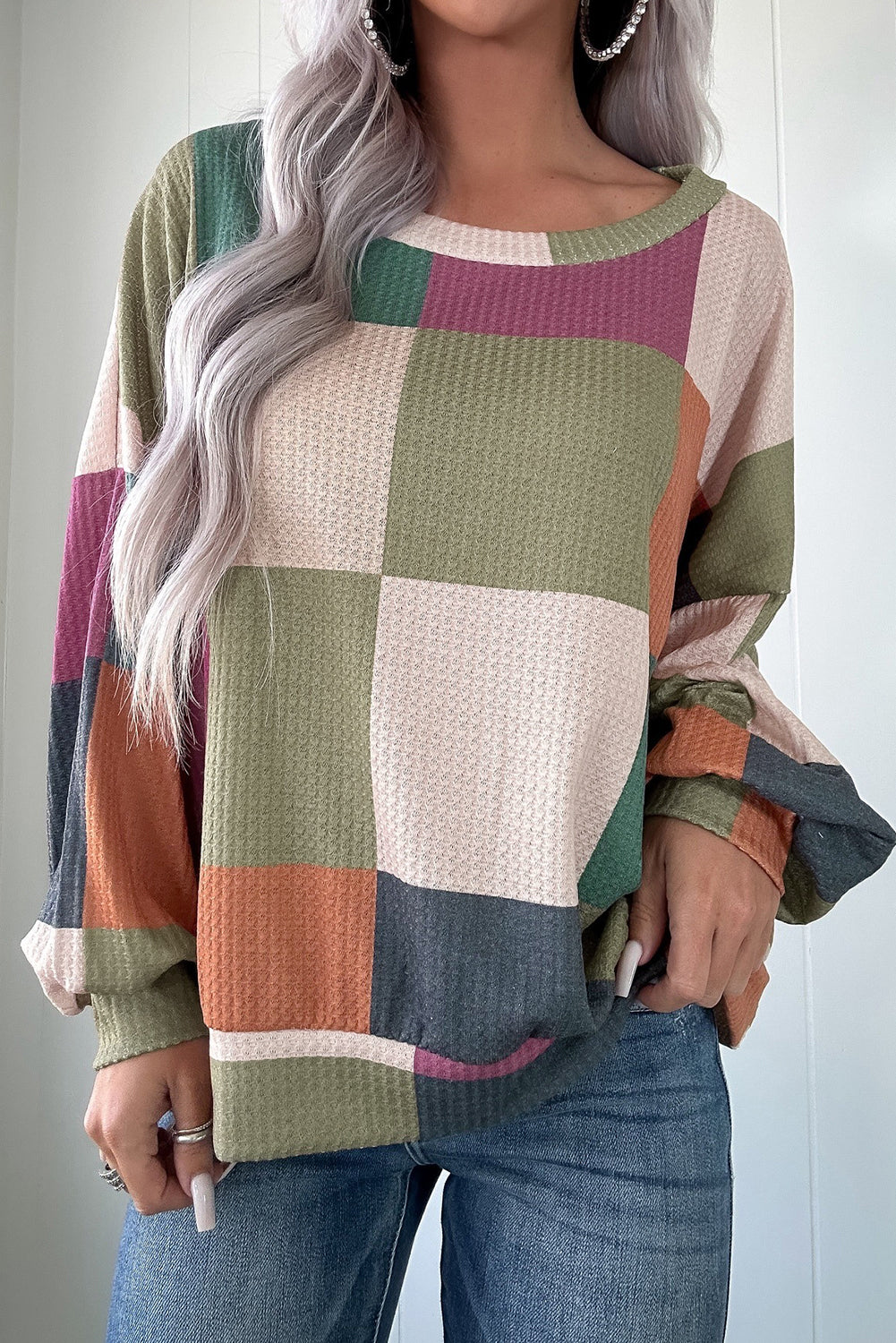*Green Checkered Print Textured Knit Long Sleeve Loose Top
