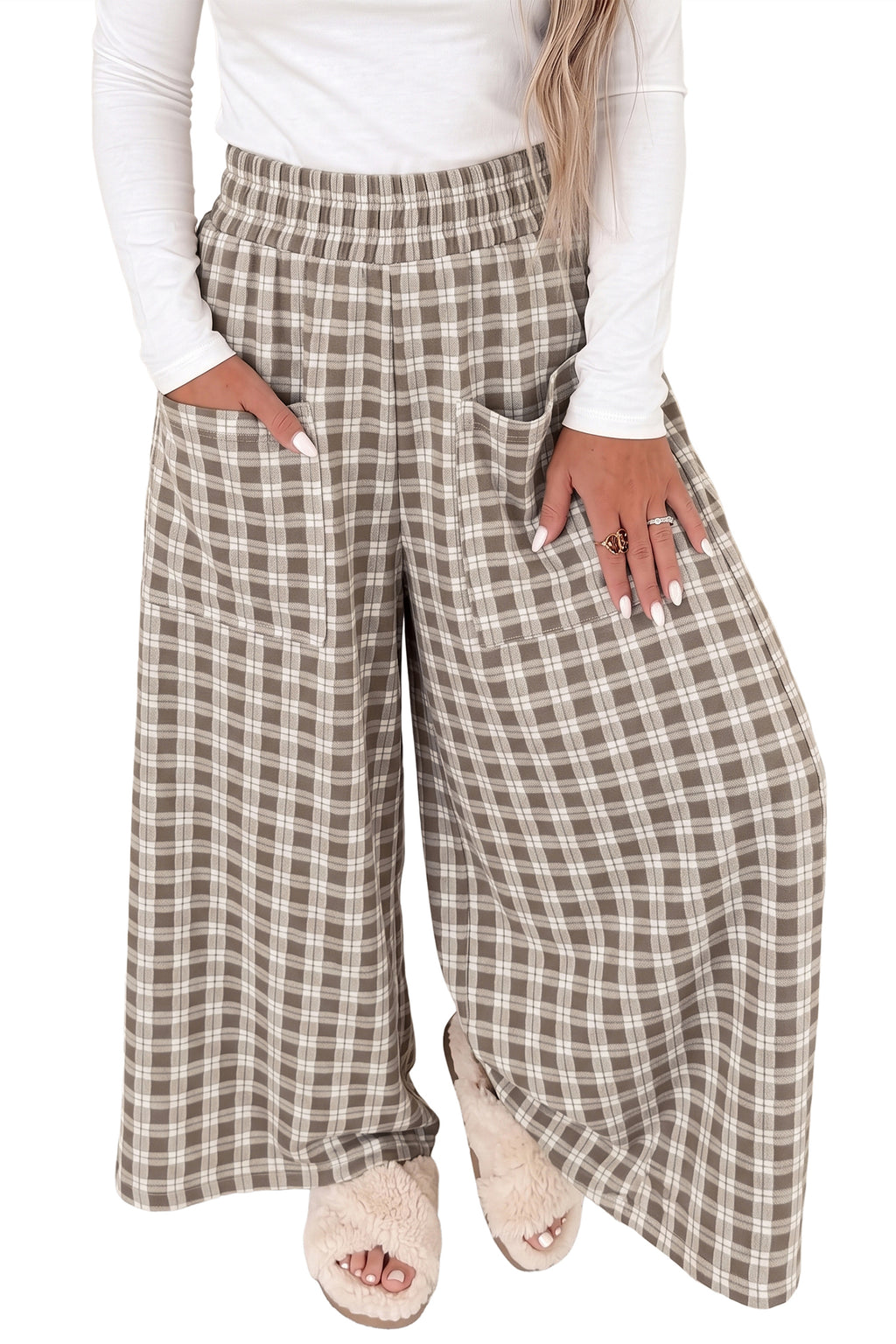 *Khaki Plaid Elastic Waist Patch Pocket Wide Leg Pants