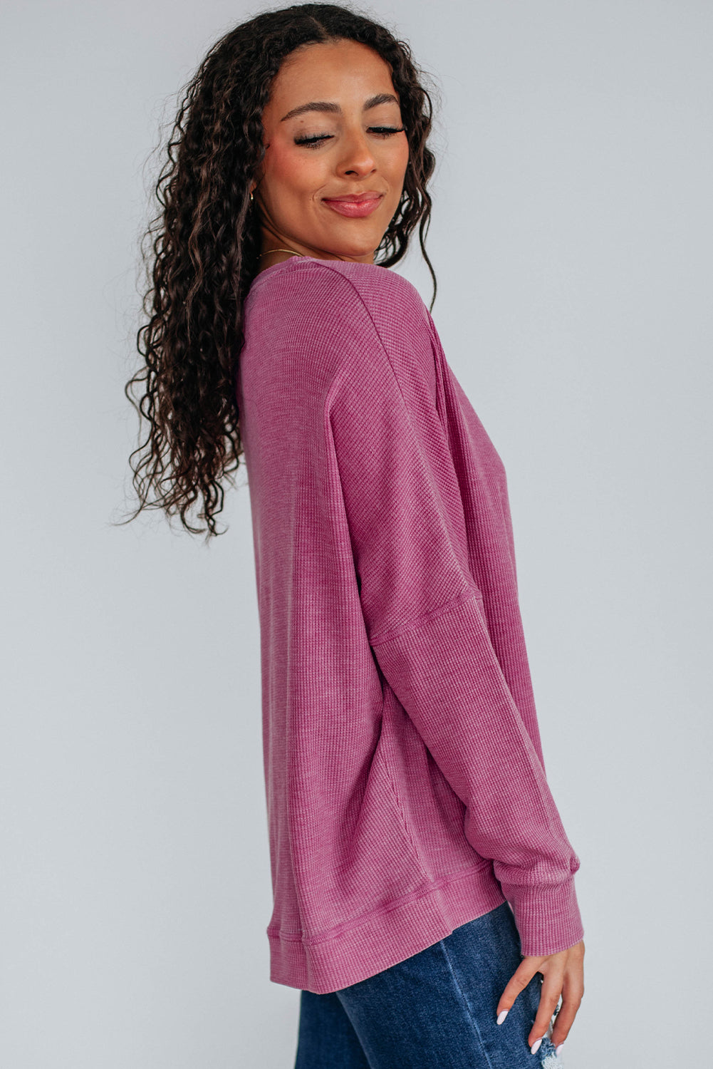 *Dark Brown Waffle Knit Patchwork Long Sleeve Loose Top