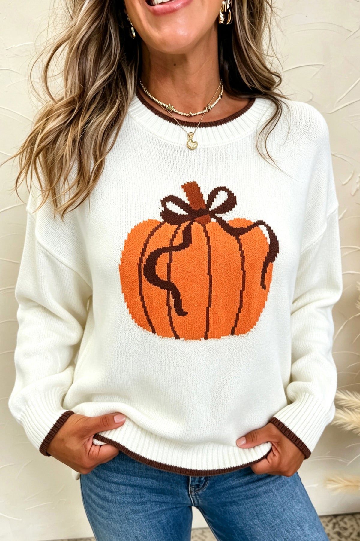 *Chicory Coffee Fall Pumpkin Pattern Casual Pullover Sweater