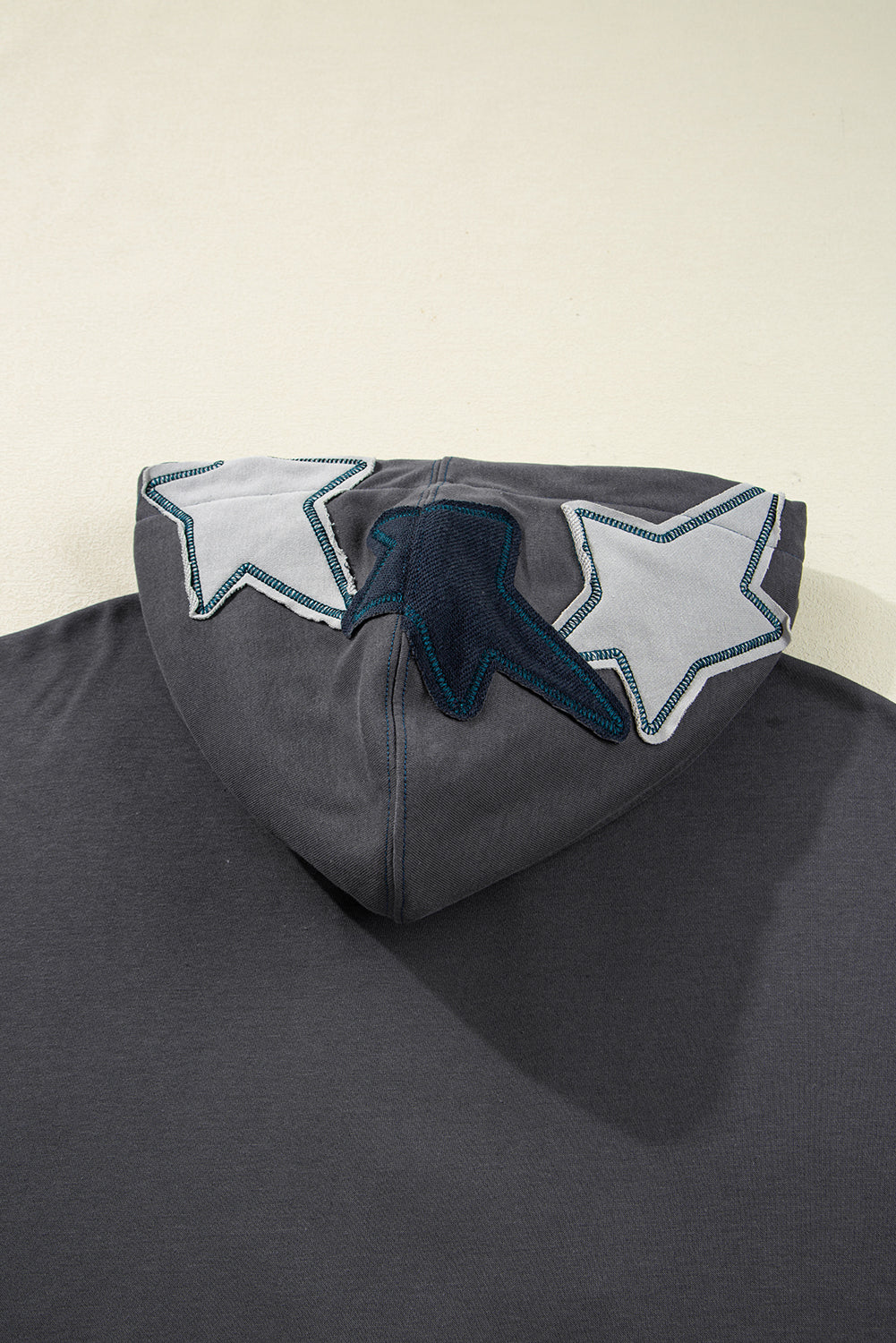 *Carbon Grey Star Patchwork Contrast Stitching Mineral Wash Kangaroo Pocket Vintage Hoodie