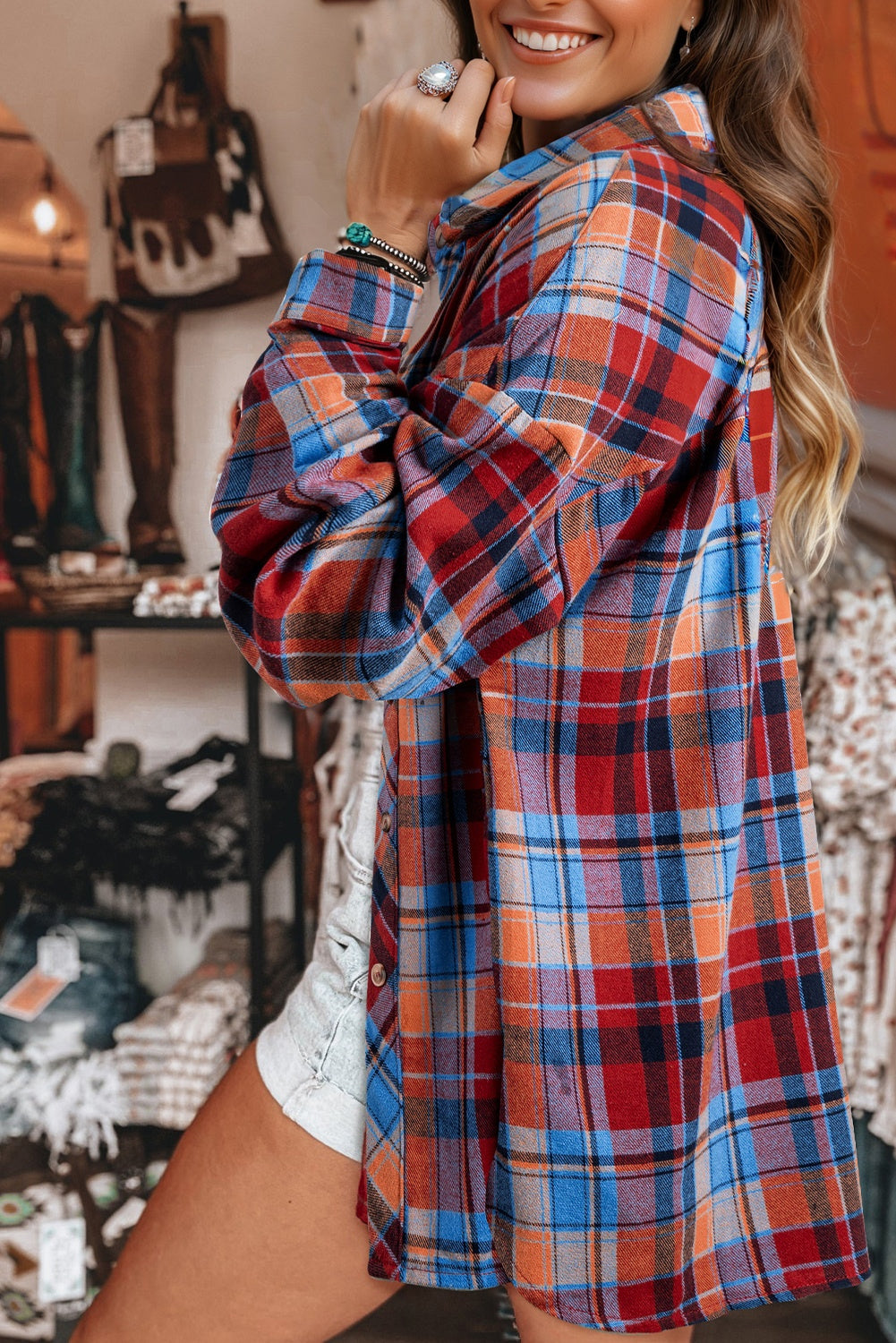*Red Plaid Print Loose Vintage Shirt