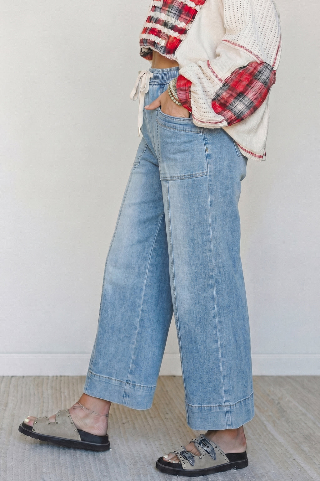 *Beau Blue Drawstring Waist Wide Leg Ankle Length Jeans