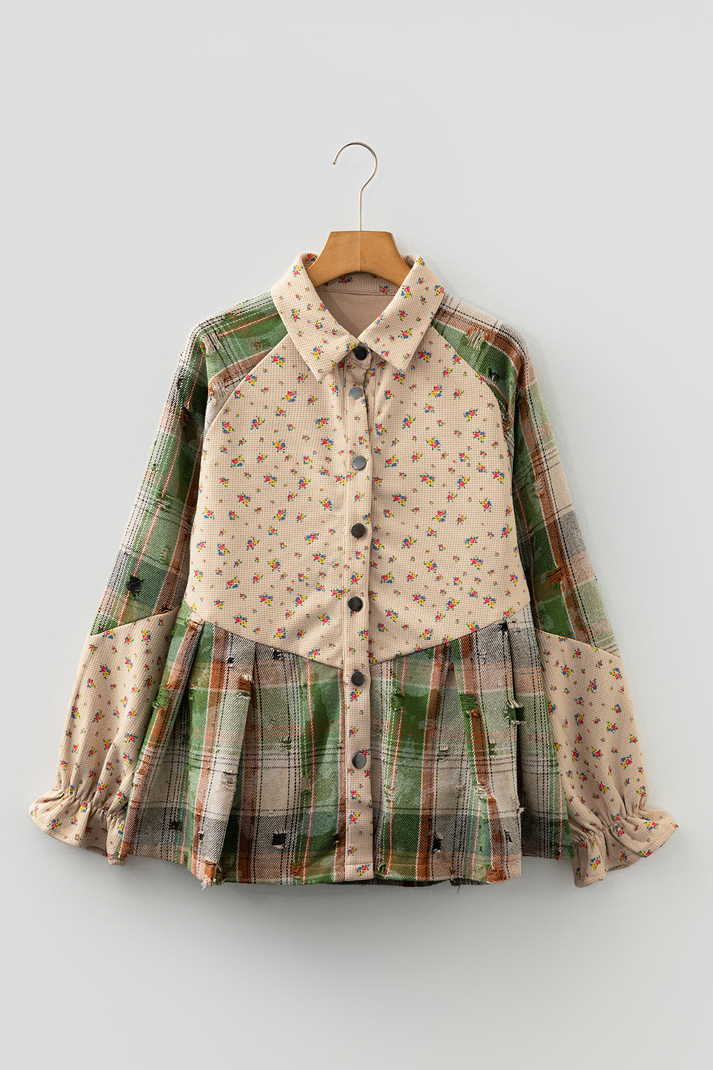 *Oatmeal Boho Floral Plaid Patchwork Distressed Detail Ruffled Sleeve Waffle Knit Shacket
