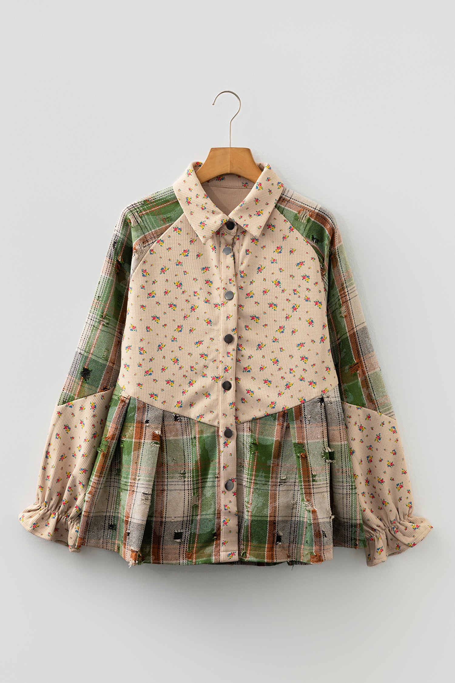 *Oatmeal Boho Floral Plaid Patchwork Distressed Detail Ruffled Sleeve Waffle Knit Shacket