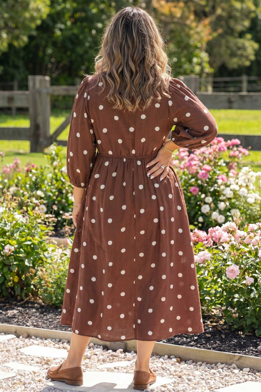 *Brown Polka Dot V Neck Abdomen Pocket Gathered Cuffs Long Sleeve Shift Plus Size Dress