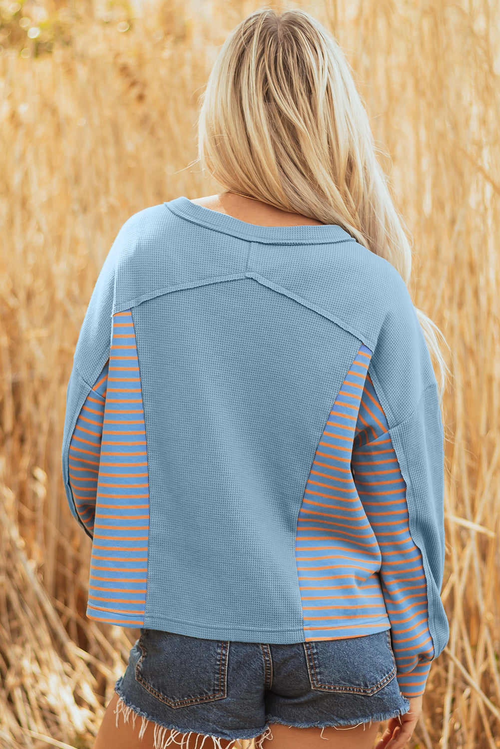 *Dusk Blue Exposed Seam Waffle Striped Patchwork Baggy Pullover
