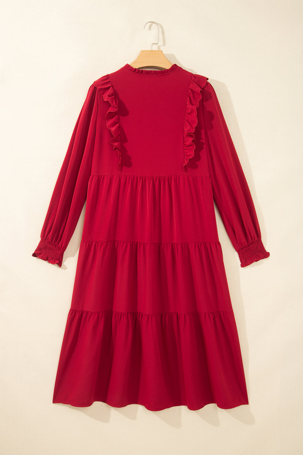 *Racing Red Solid Color Ruffle Trim Long Sleeve Tiered Shift Midi Dress