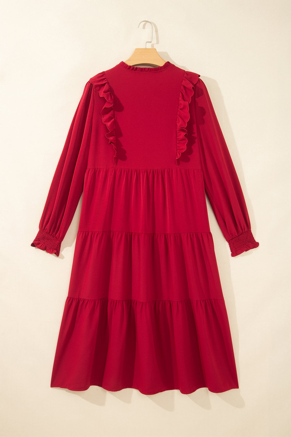 *Racing Red Solid Color Ruffle Trim Long Sleeve Tiered Shift Midi Dress