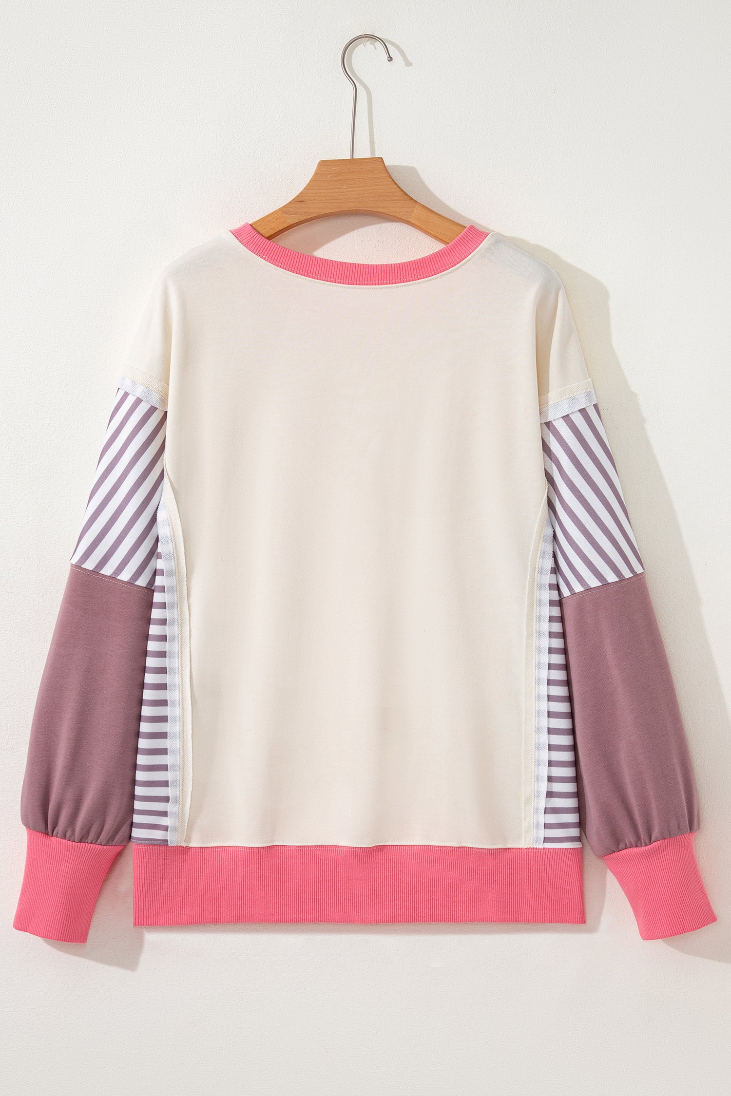 *White Color Block Striped Patchwork Dolman Slit Sweatshirt