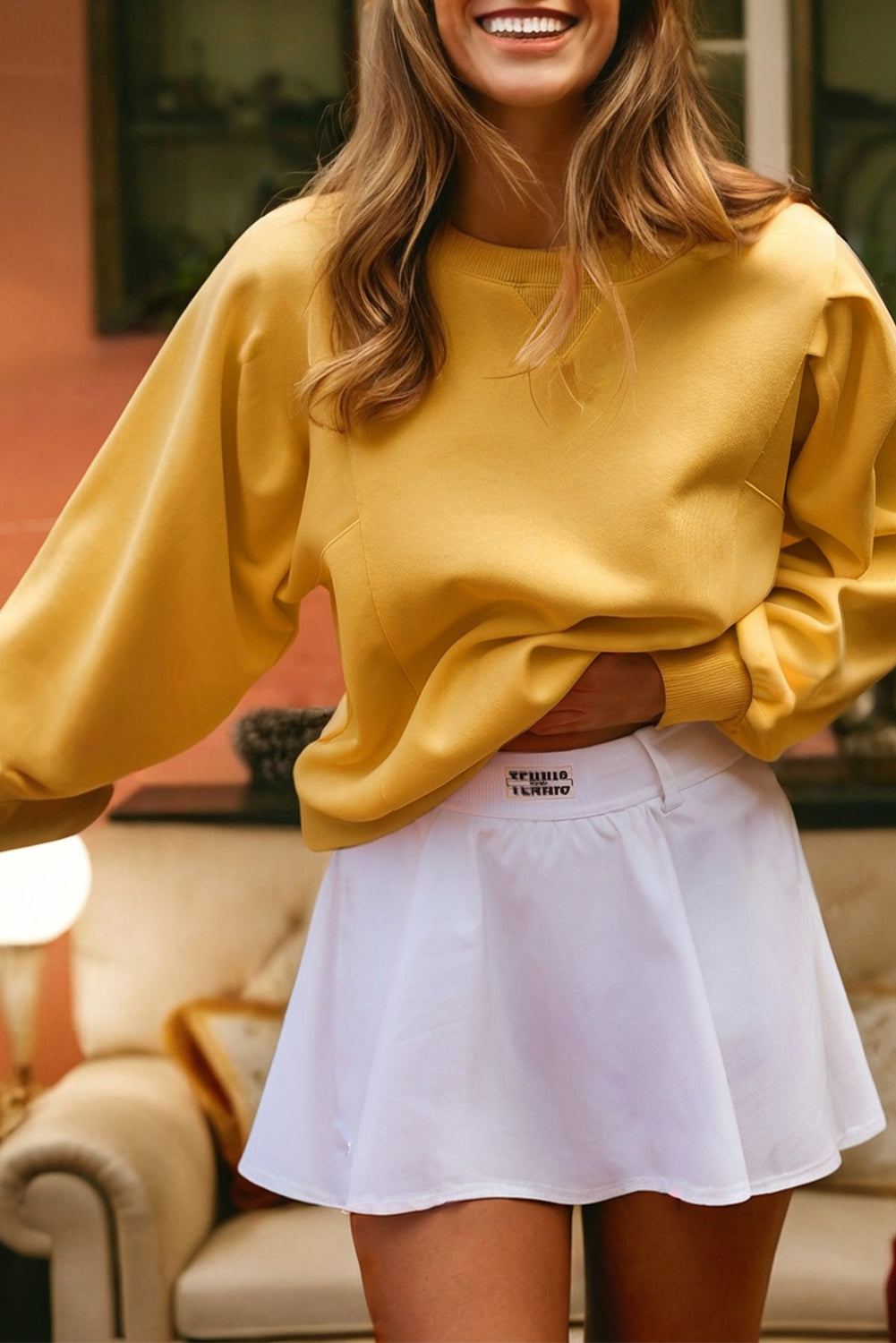 *Citrus Pleated Balloon Sleeve Pullover Solid Sweatshirt