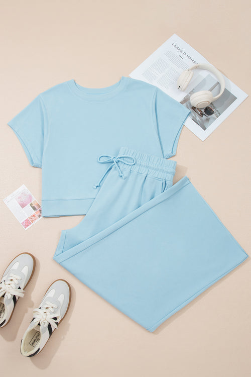 *Mist Blue Solid Color Ribbed Trim Short Sleeve Top Drawstring Loose Pants 2pcs Outfit