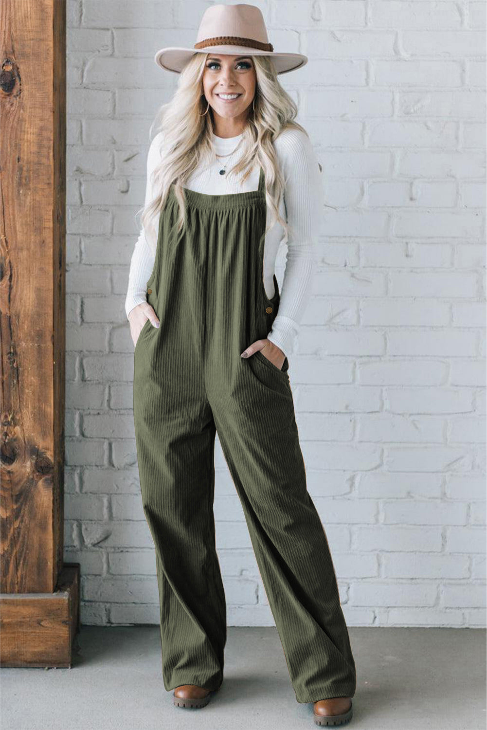 *Jungle Green Button Adjustable Straps Solid Color Corduroy Jumpsuit