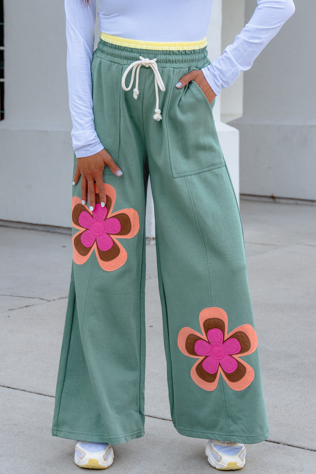 *Sea Green Color Block Flower Patchwork Drawstring Contrasted Elastic Waist Wide Leg Pants