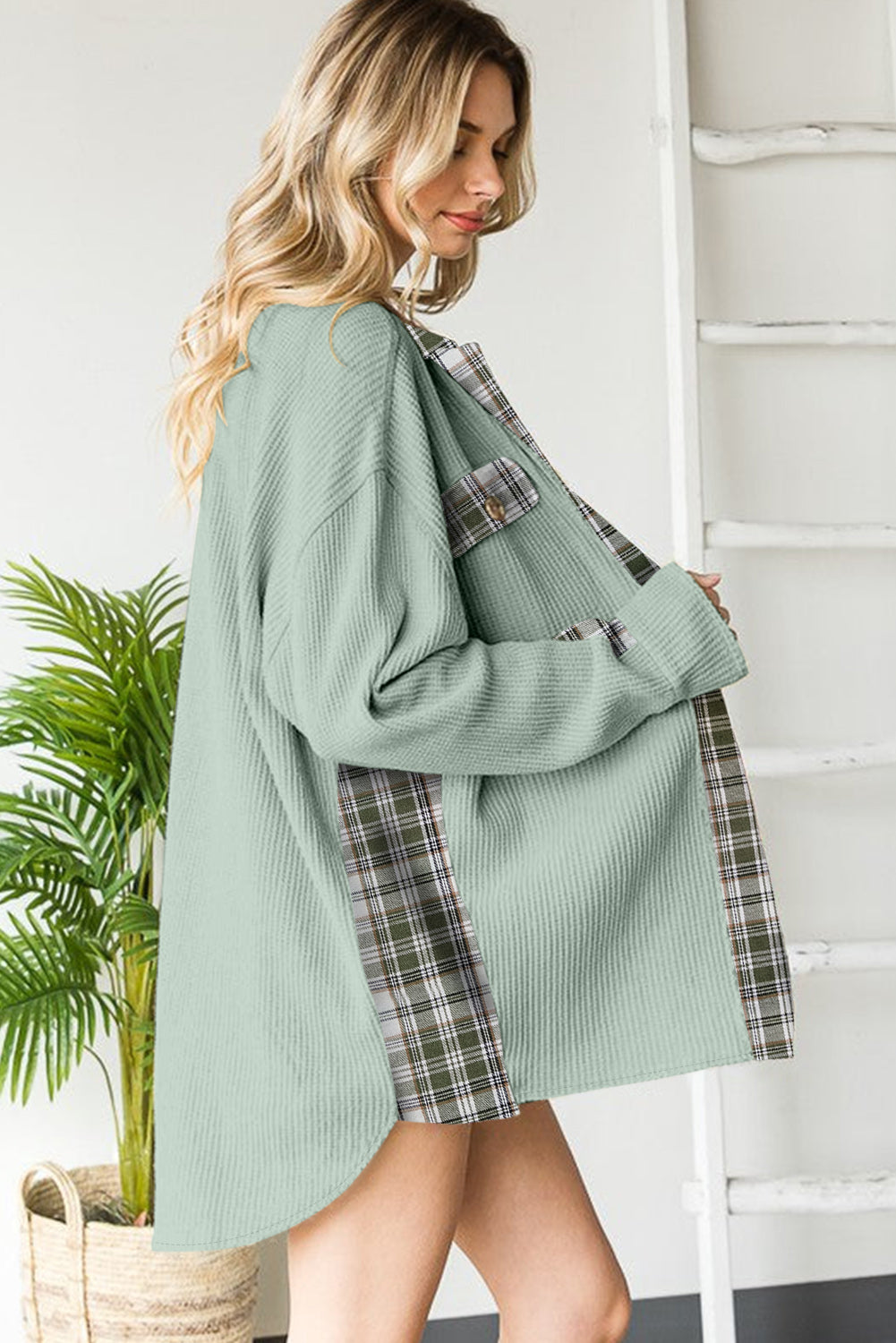 *Grass Green Plaid Patchwork Waffle Thermal Knit Shacket