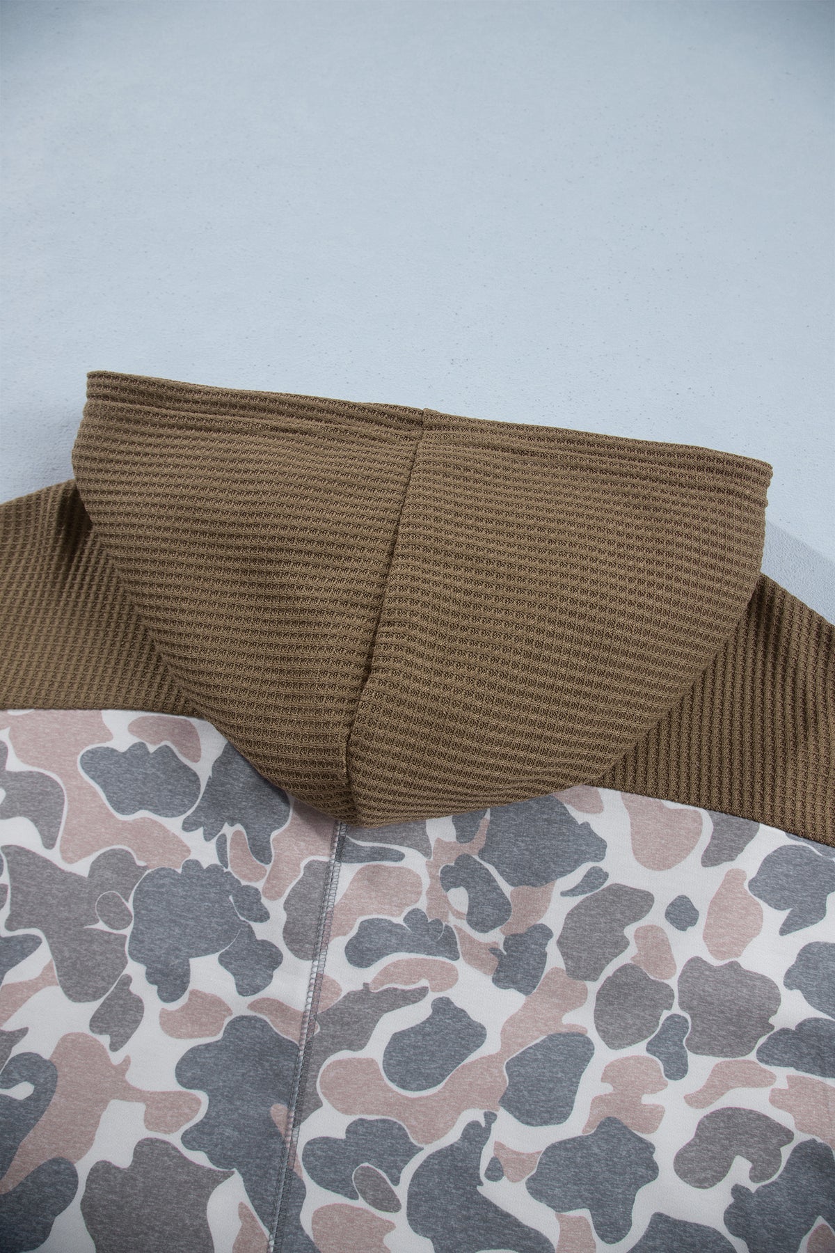 *Khaki Camouflage Print Waffle Knit Patchwork Half Zip Plus Size Hoodie