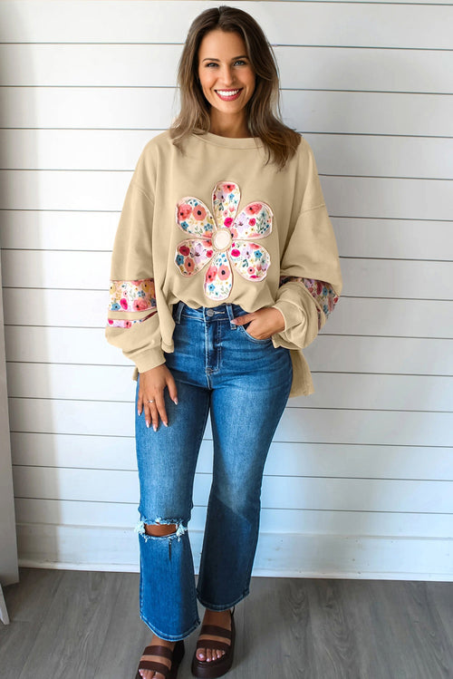 *Pale Khaki Floral Applique Baggy Pullover Sweatshirt