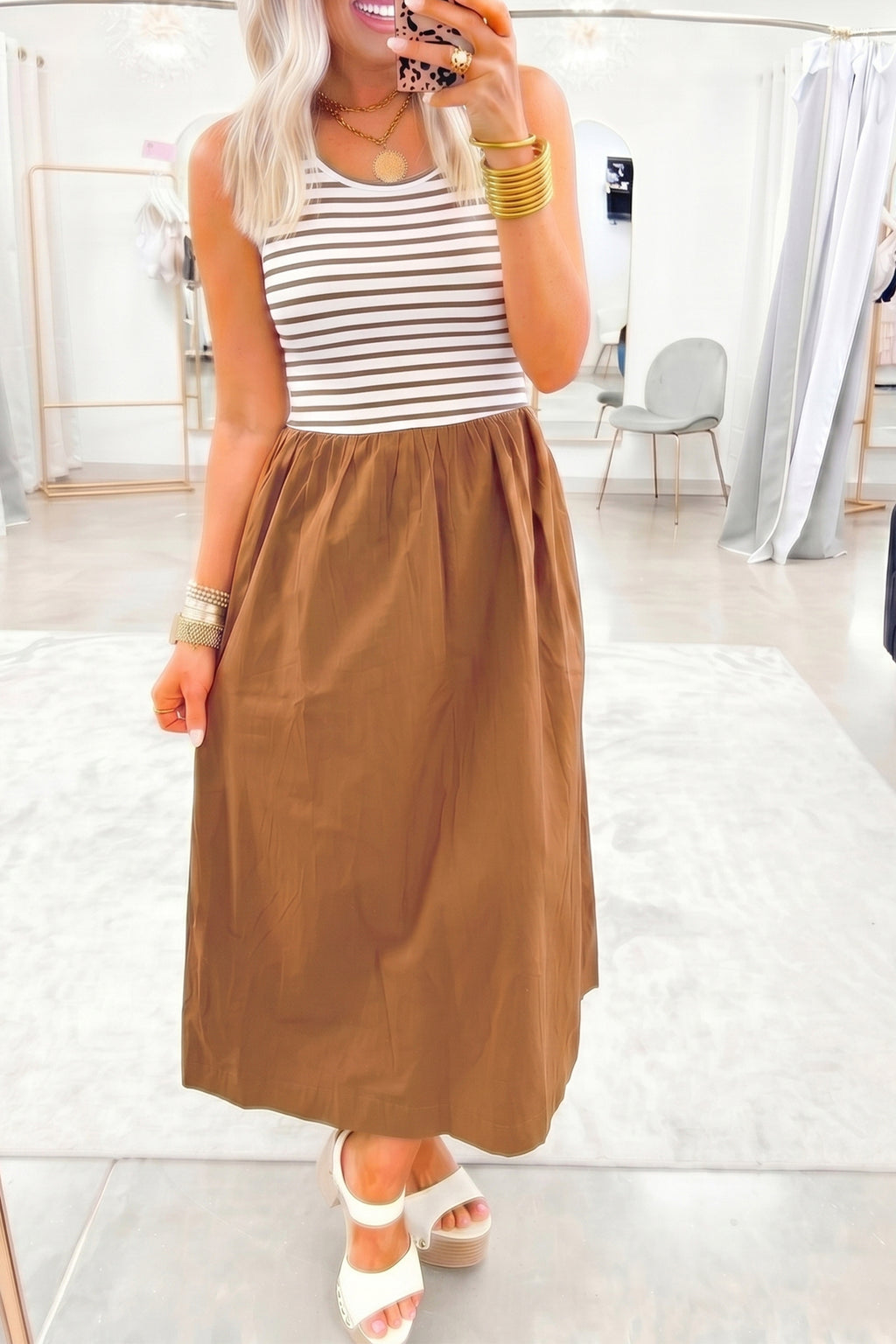*Chestnut Striped Colorblock Patchwork Sleeveless Casual Long Dress