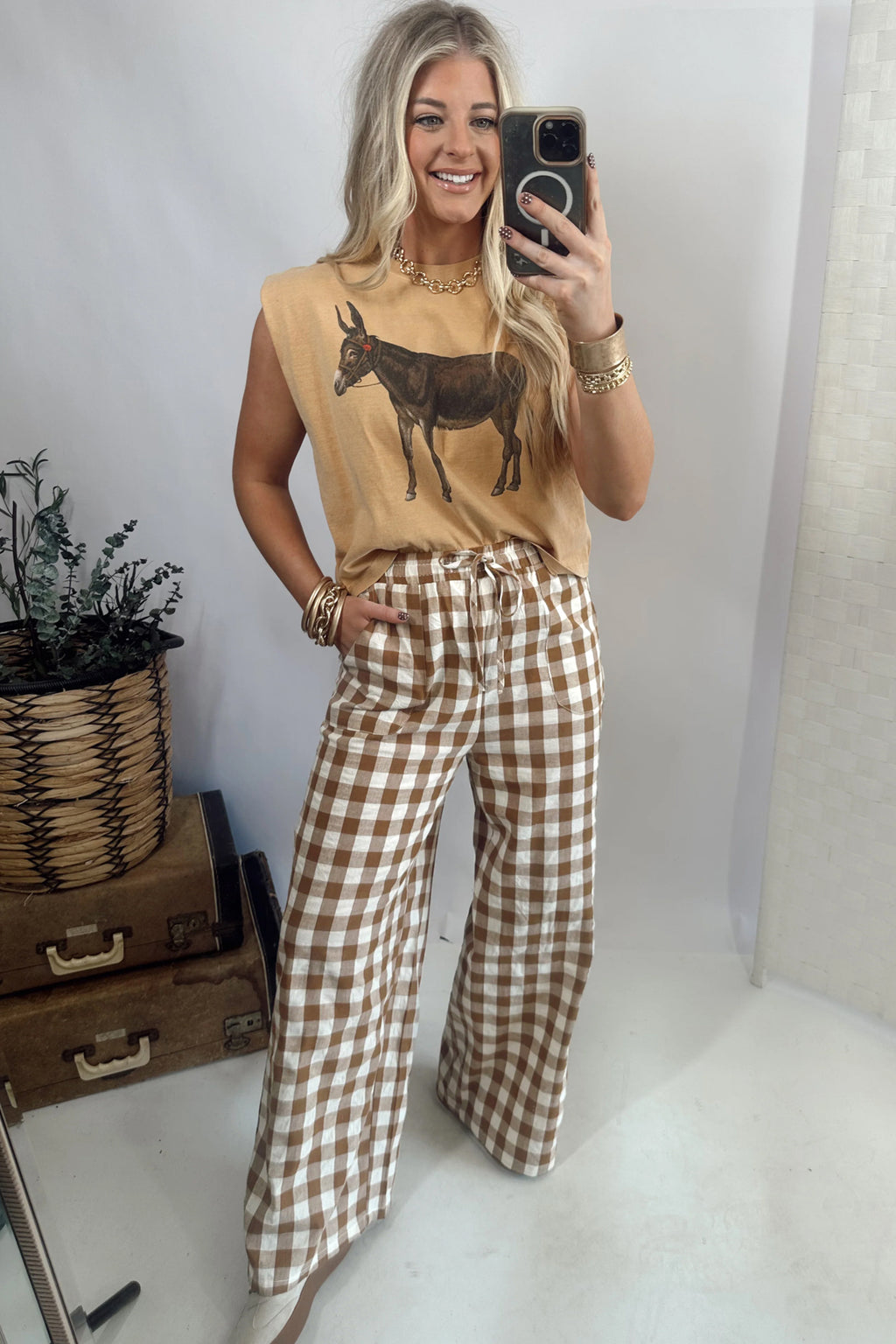 *Brown Gingham Plaid Tie Elastic Waist Shift Pants