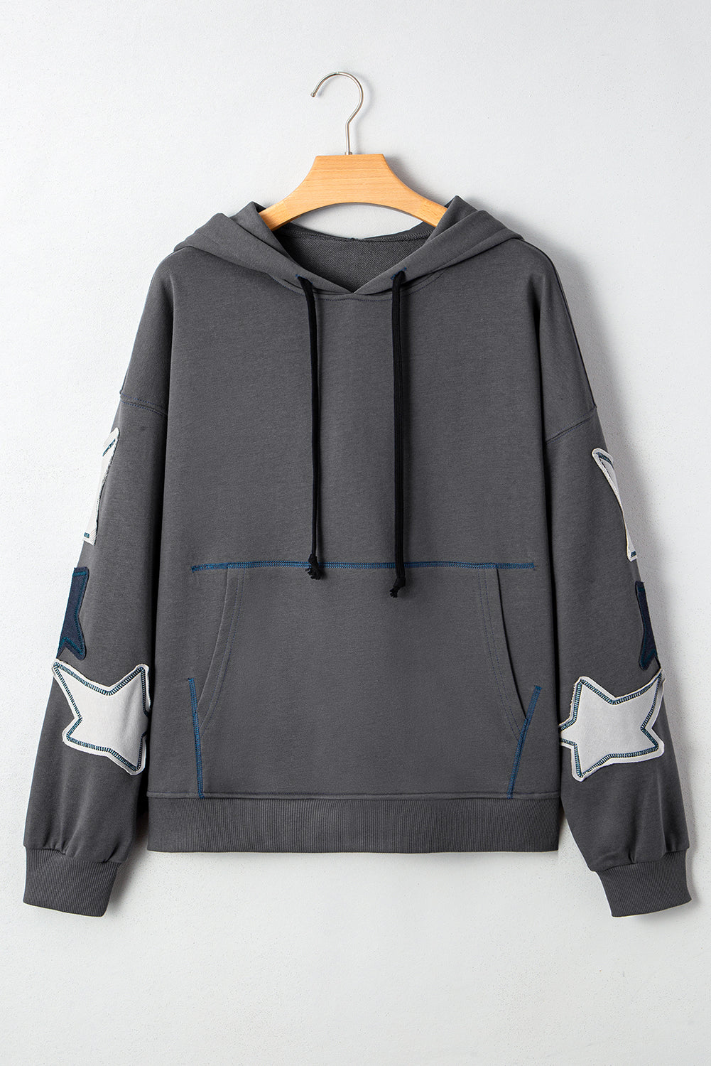*Carbon Grey Star Patchwork Contrast Stitching Mineral Wash Kangaroo Pocket Vintage Hoodie