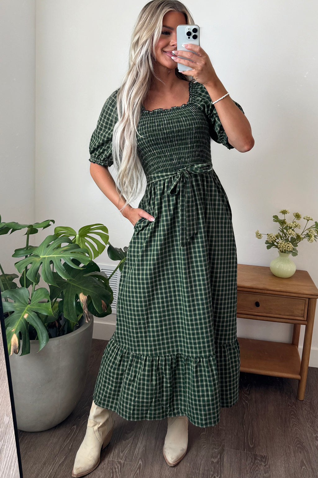 *Green Plaid Square Neck Shirred High Waist Ruffle Hem Dress