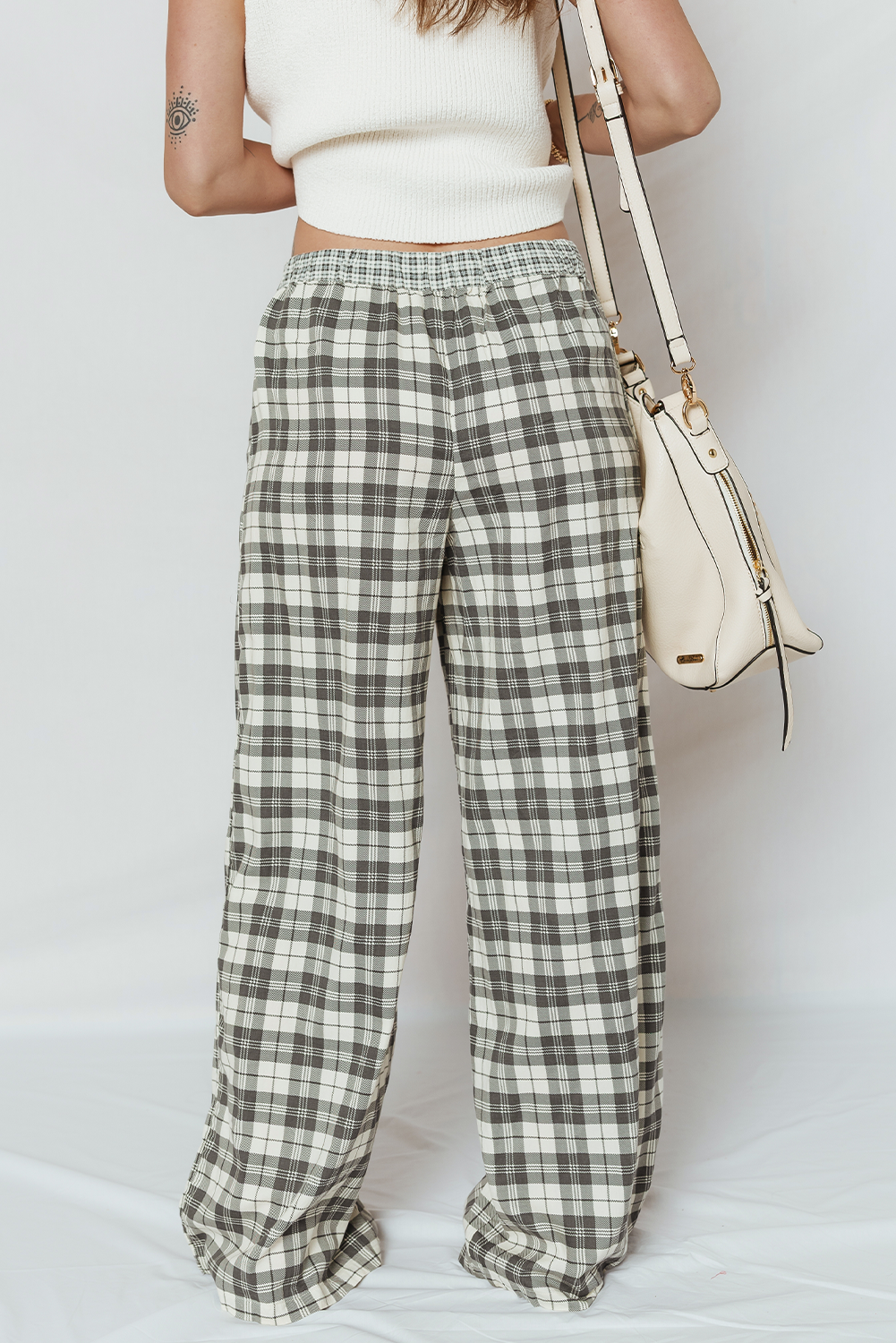 *Gray Plaid Wide Leg Casual Pants