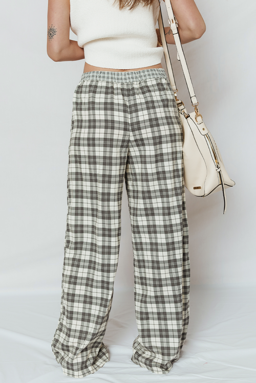 *Gray Plaid Wide Leg Casual Pants