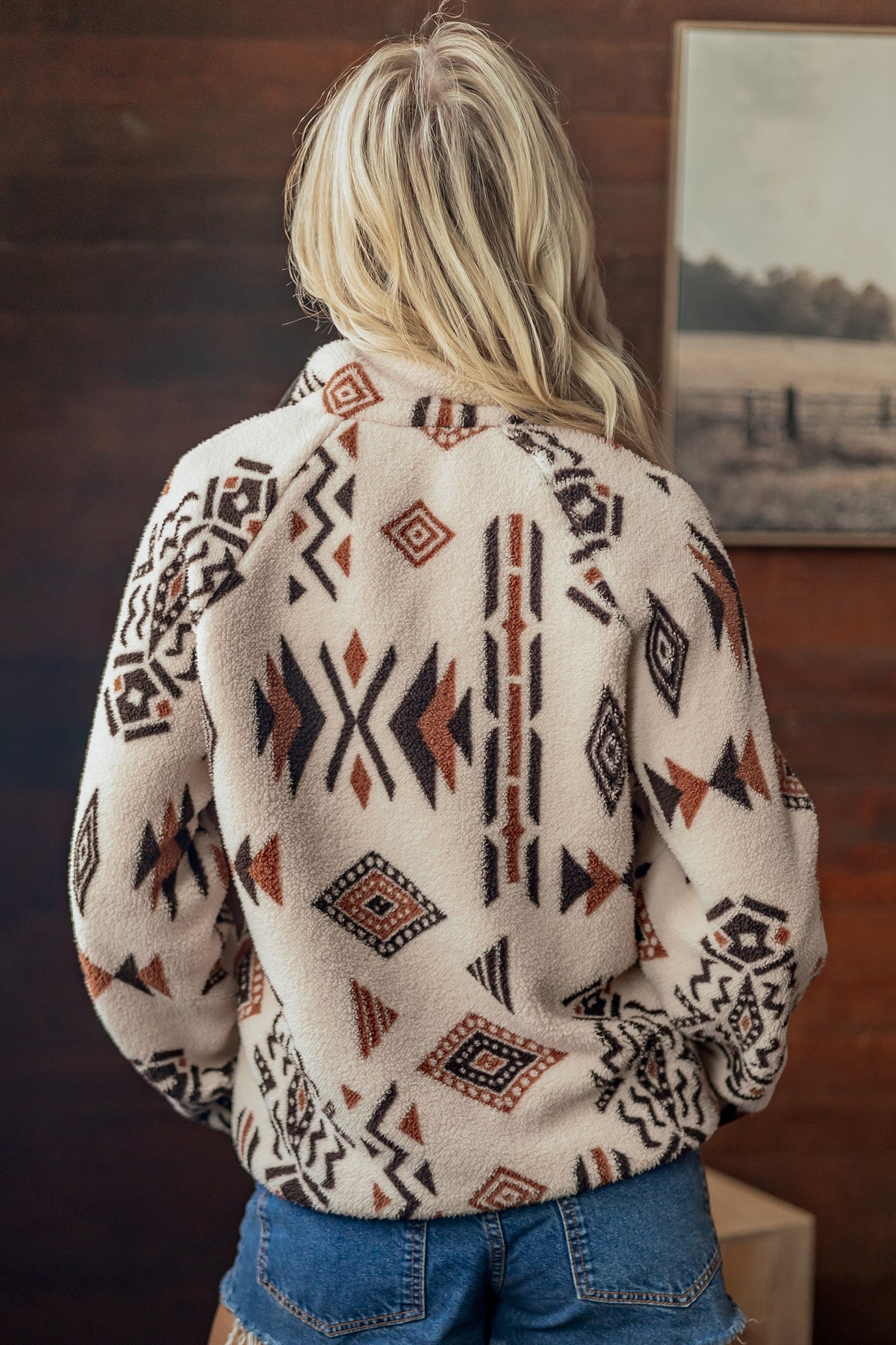 *Beige Geometric Print Long Sleeve Shirt Collar Zip-up Placket Binding Tape Jacket