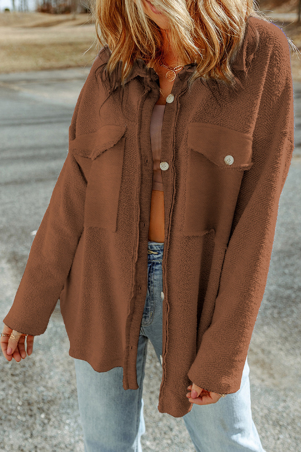 *Brown Exposed Seam Terry Patchwork Shacket