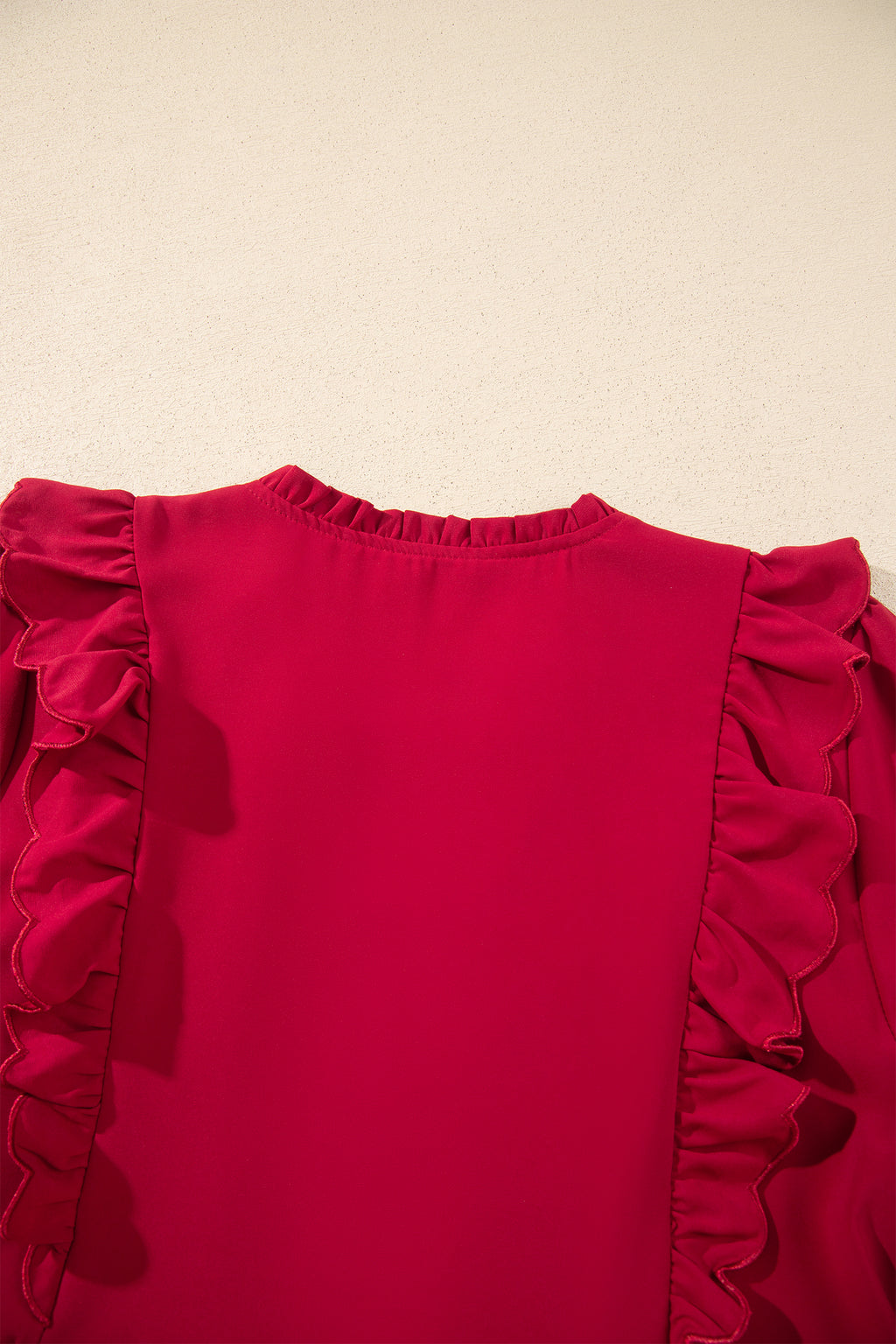 *Racing Red Solid Color Ruffle Trim Long Sleeve Tiered Shift Midi Dress