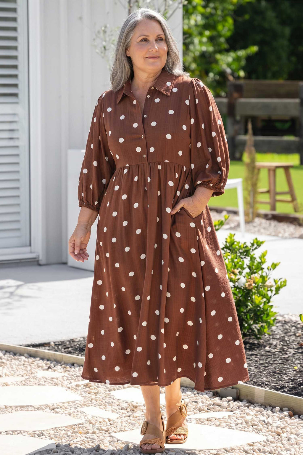 *Brown Polka Dot V Neck Abdomen Pocket Gathered Cuffs Long Sleeve Shift Plus Size Dress