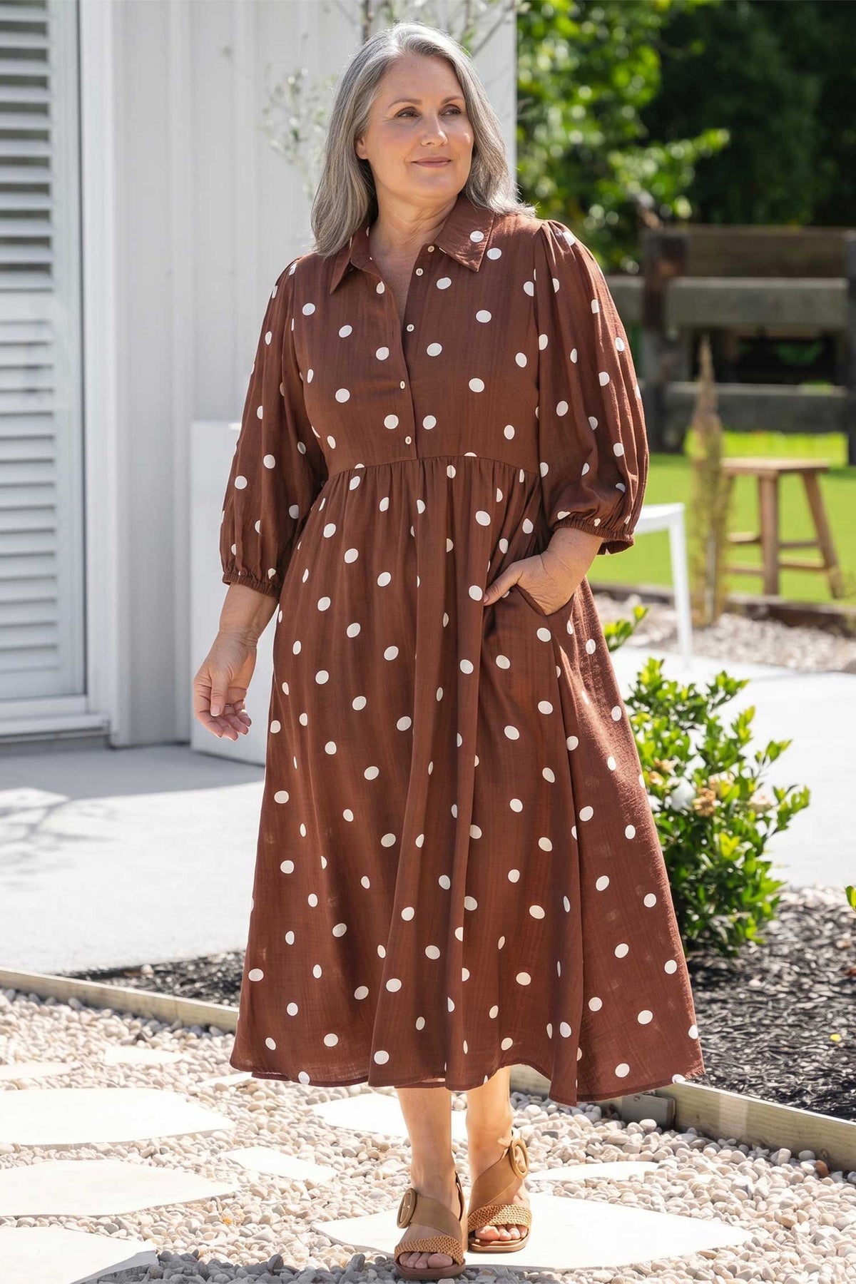 *Brown Polka Dot V Neck Abdomen Pocket Gathered Cuffs Long Sleeve Shift Plus Size Dress