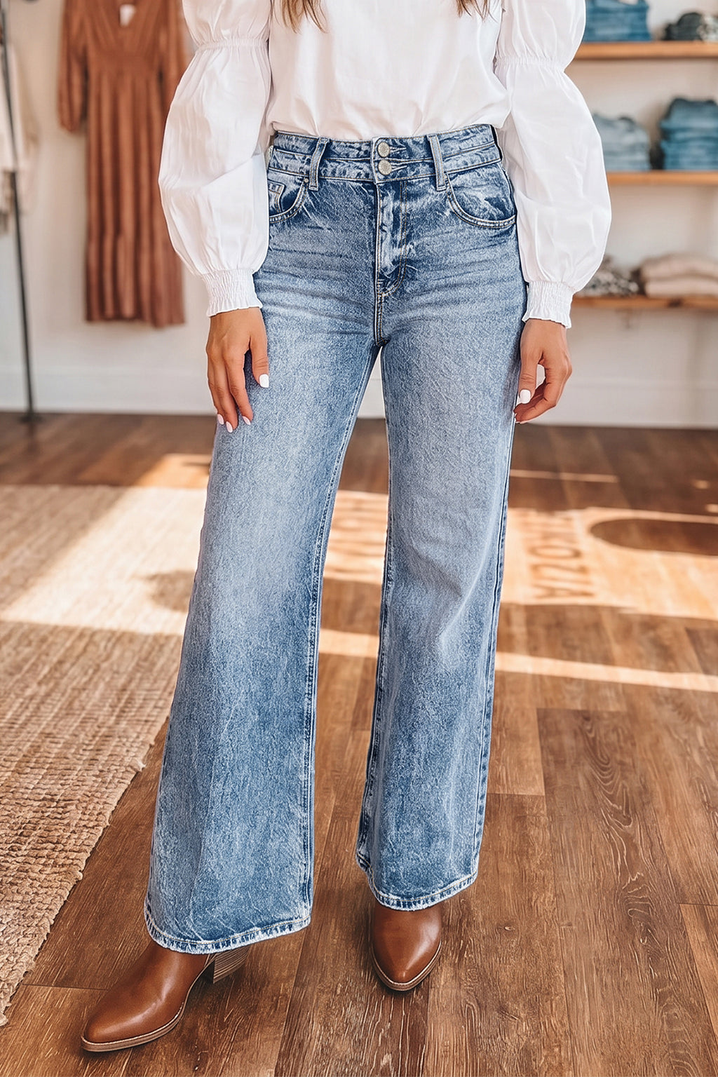 *Beau Blue Acid Wash Pocket Detail Flare Jeans