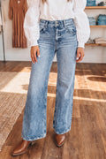 *Beau Blue Acid Wash Pocket Detail Flare Jeans