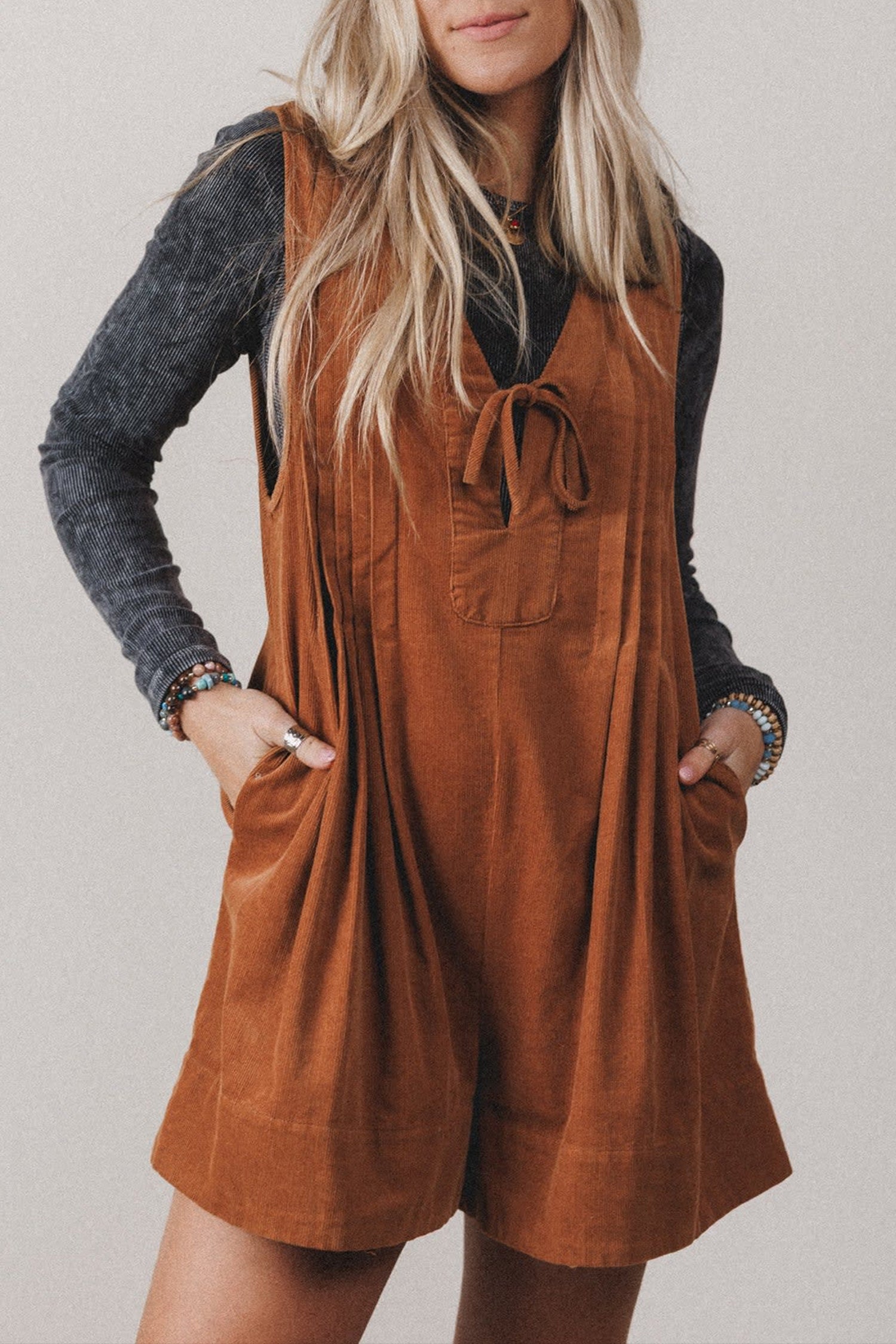 *Cinnamon Solid Color Tie V Neck Sleeveless Corduroy Romper