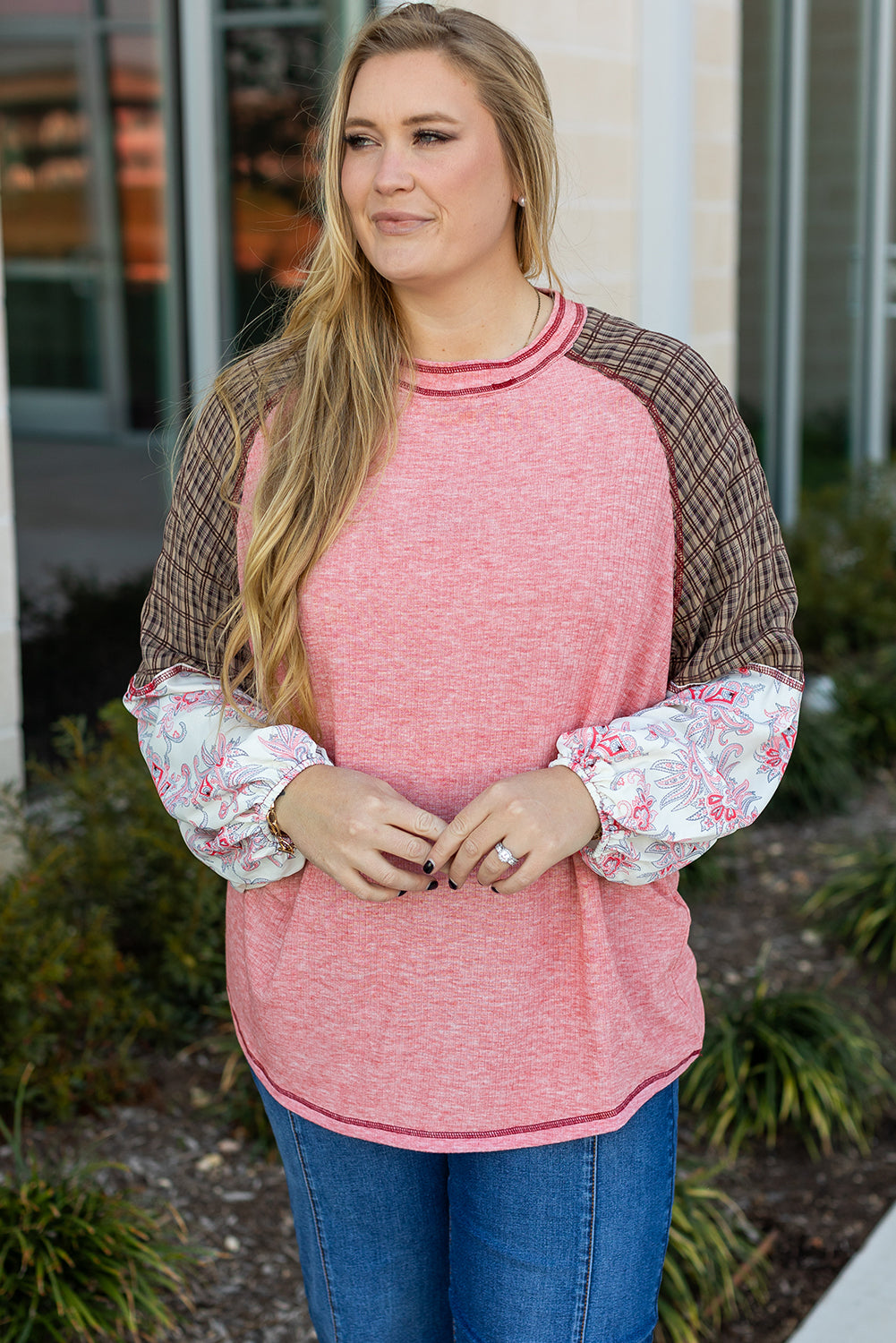 *Pink Checkered Paisley Patchwork Raglan Sleeve Seamed Plus Size Top