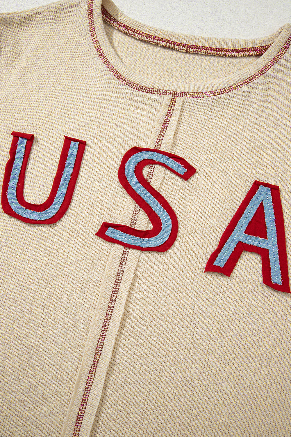 *Beige USA Star Contrast Patchwork Exposed Seam Long Sleeve Top