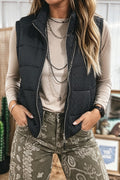 *Black Textured Quilted Stand Neck Zipper Winter Vest