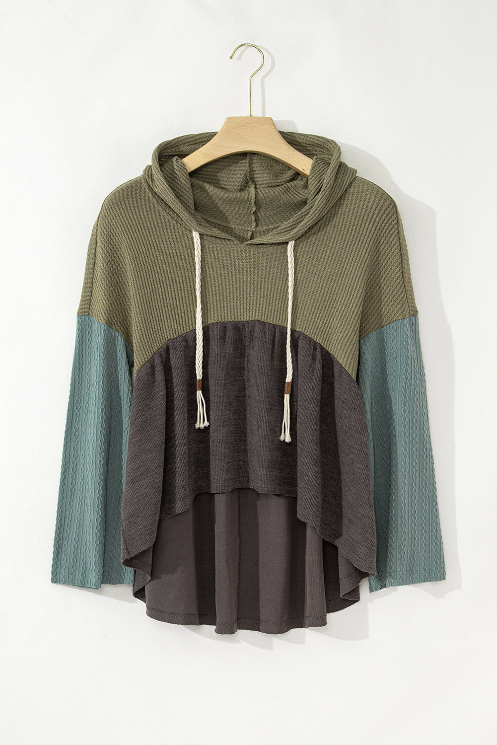 *Laurel Green Mixed Textured Colorblock Patchwork Wide Sleeve Frayed High Low Hooded Top