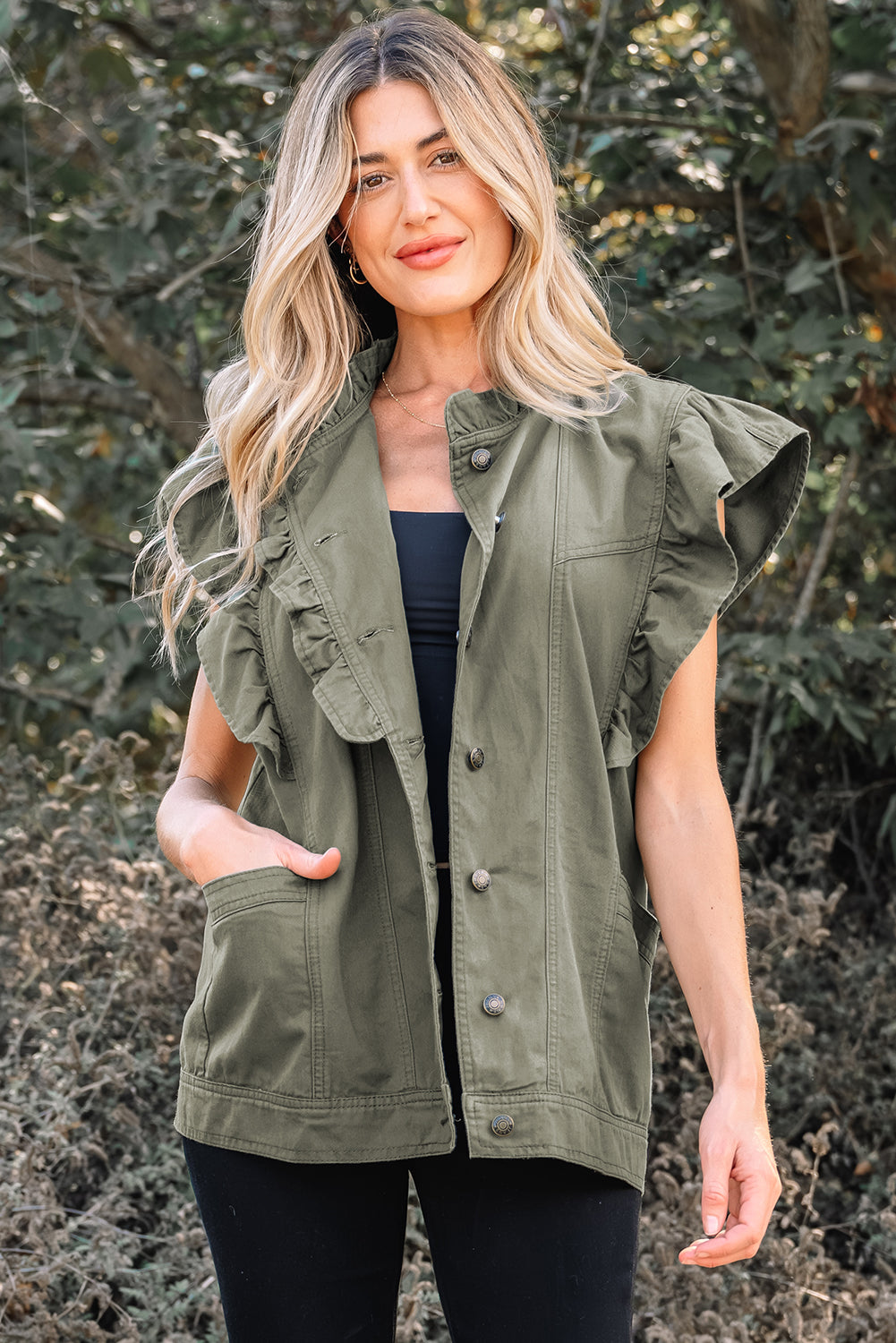 *Pale Khaki Ruffled Patchwork Denim Jacket Vest