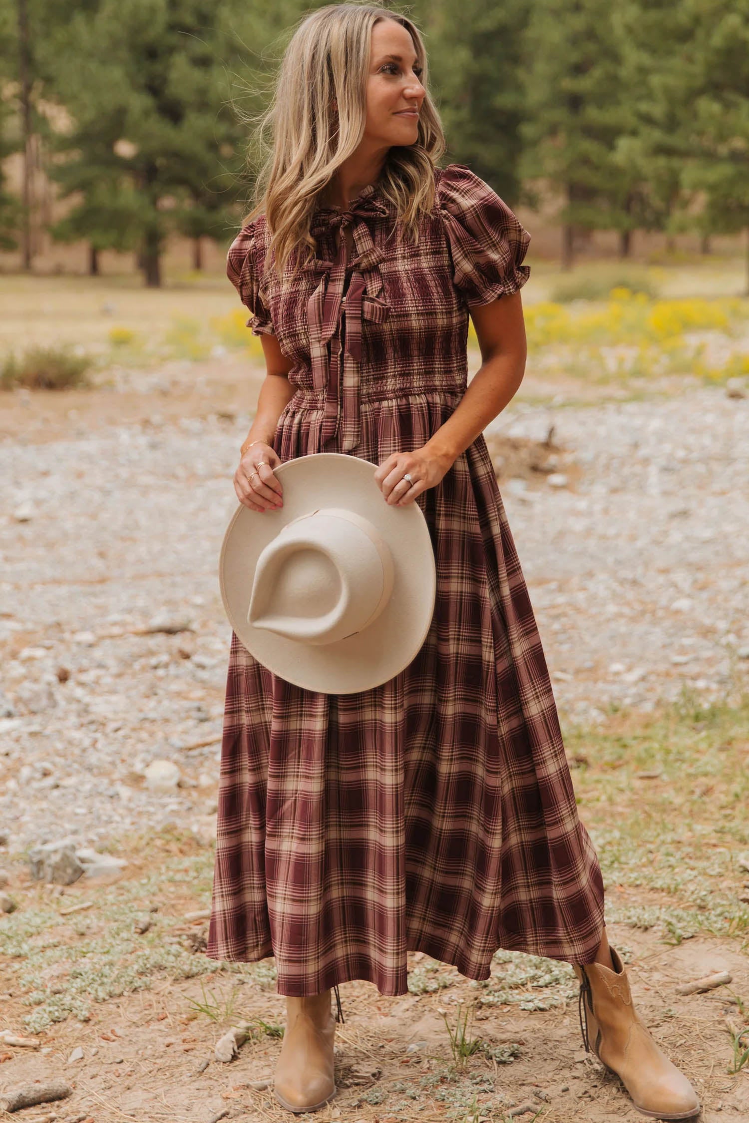 *Red Vintage Plaid Knot Front Smocked High Waist Midi Dress