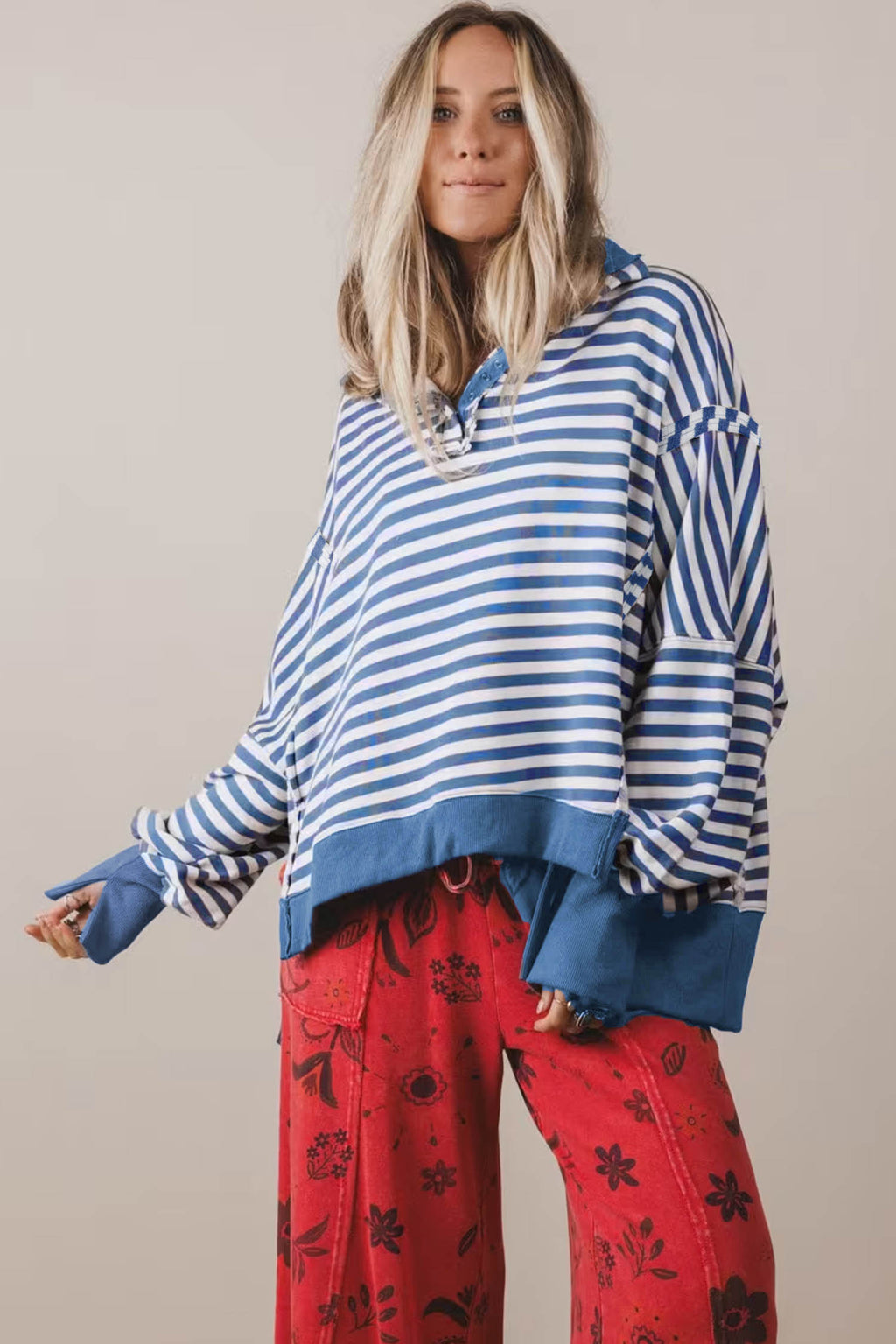 *Brown Stripe Color Block Trim Raw Seam Split Hem Loose Pullover Sweatshirt