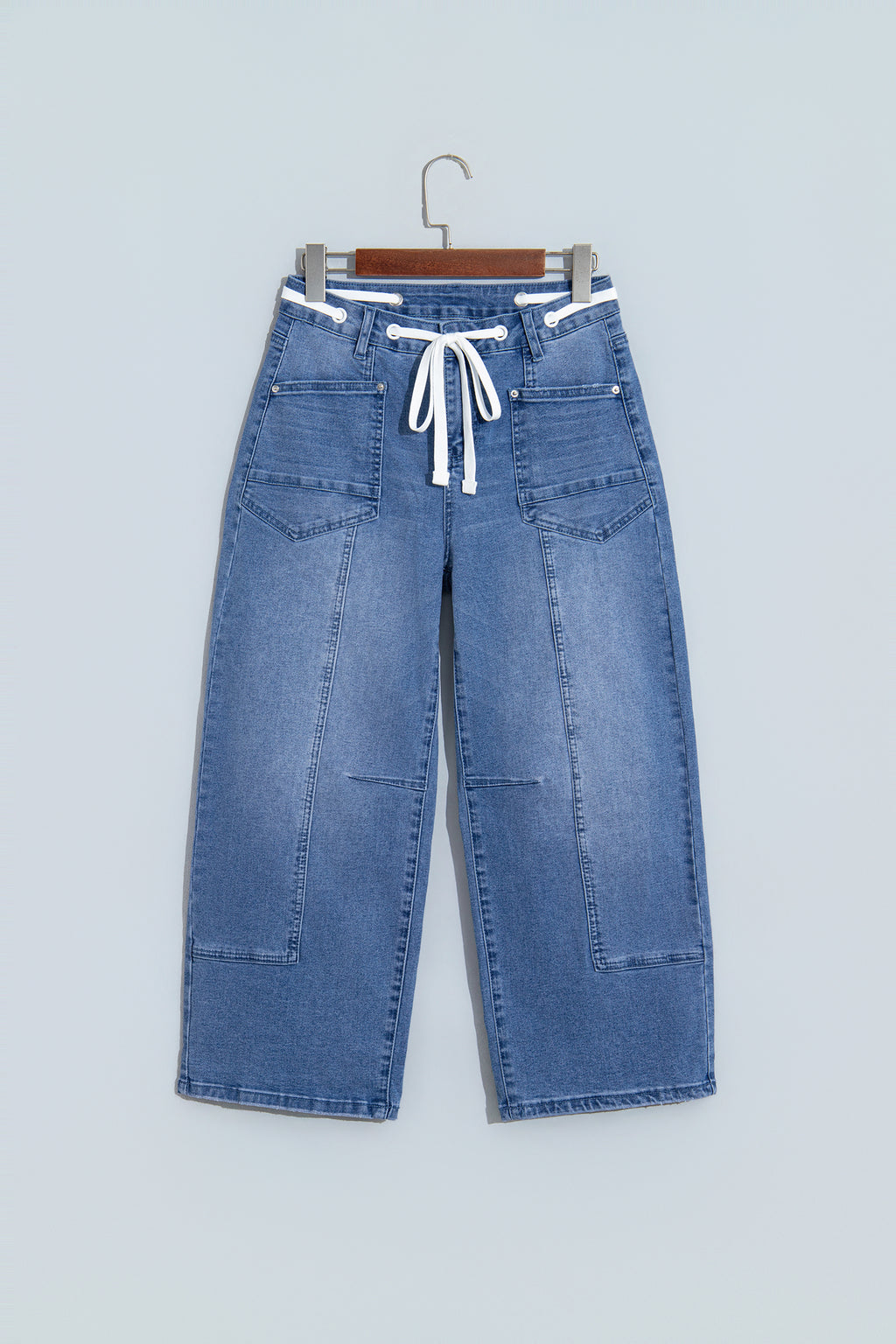 *Beau Blue Solid Patchwork Grommet Tie Waist Loose Ankle-Length Jeans