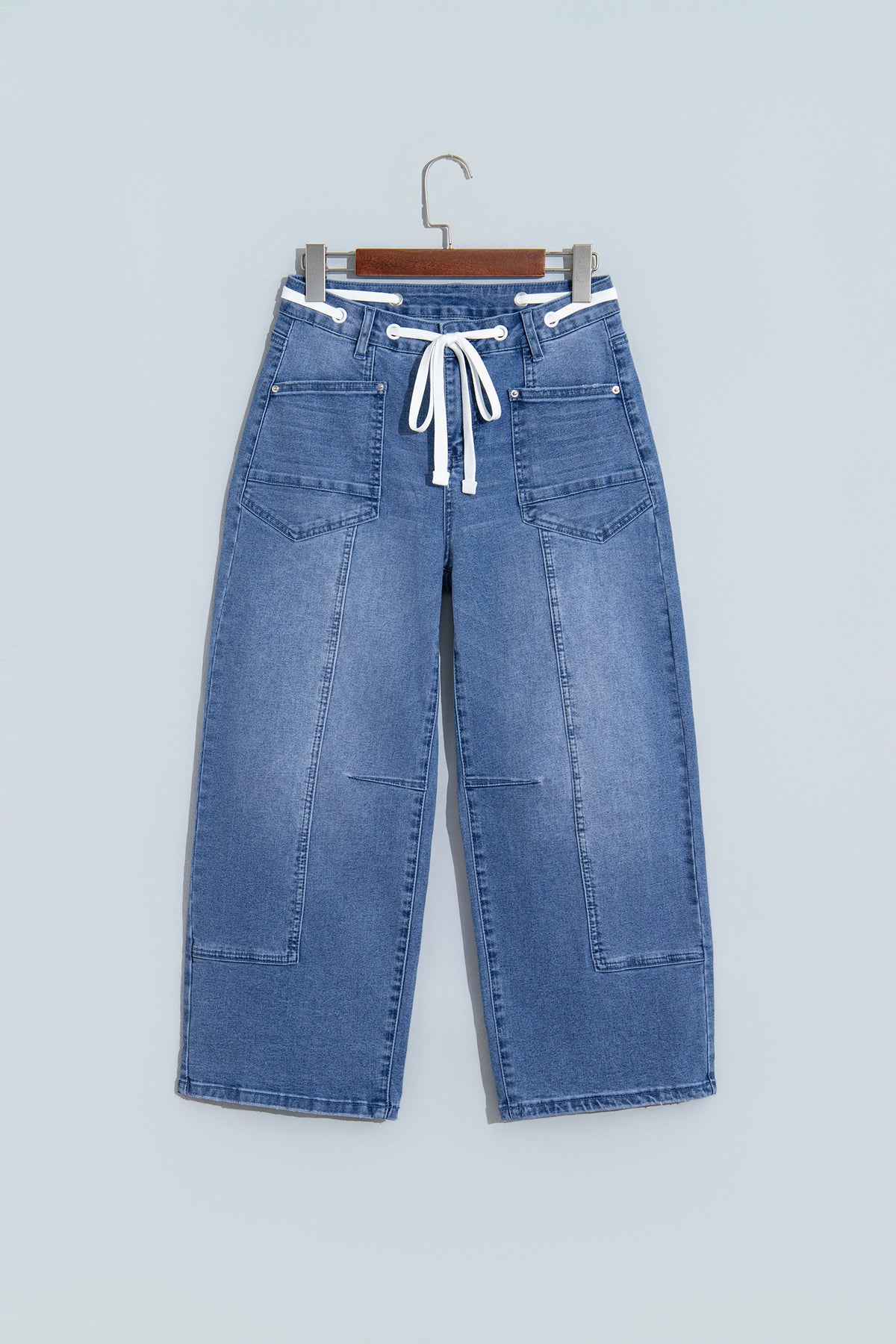 *Beau Blue Solid Patchwork Grommet Tie Waist Loose Ankle-Length Jeans