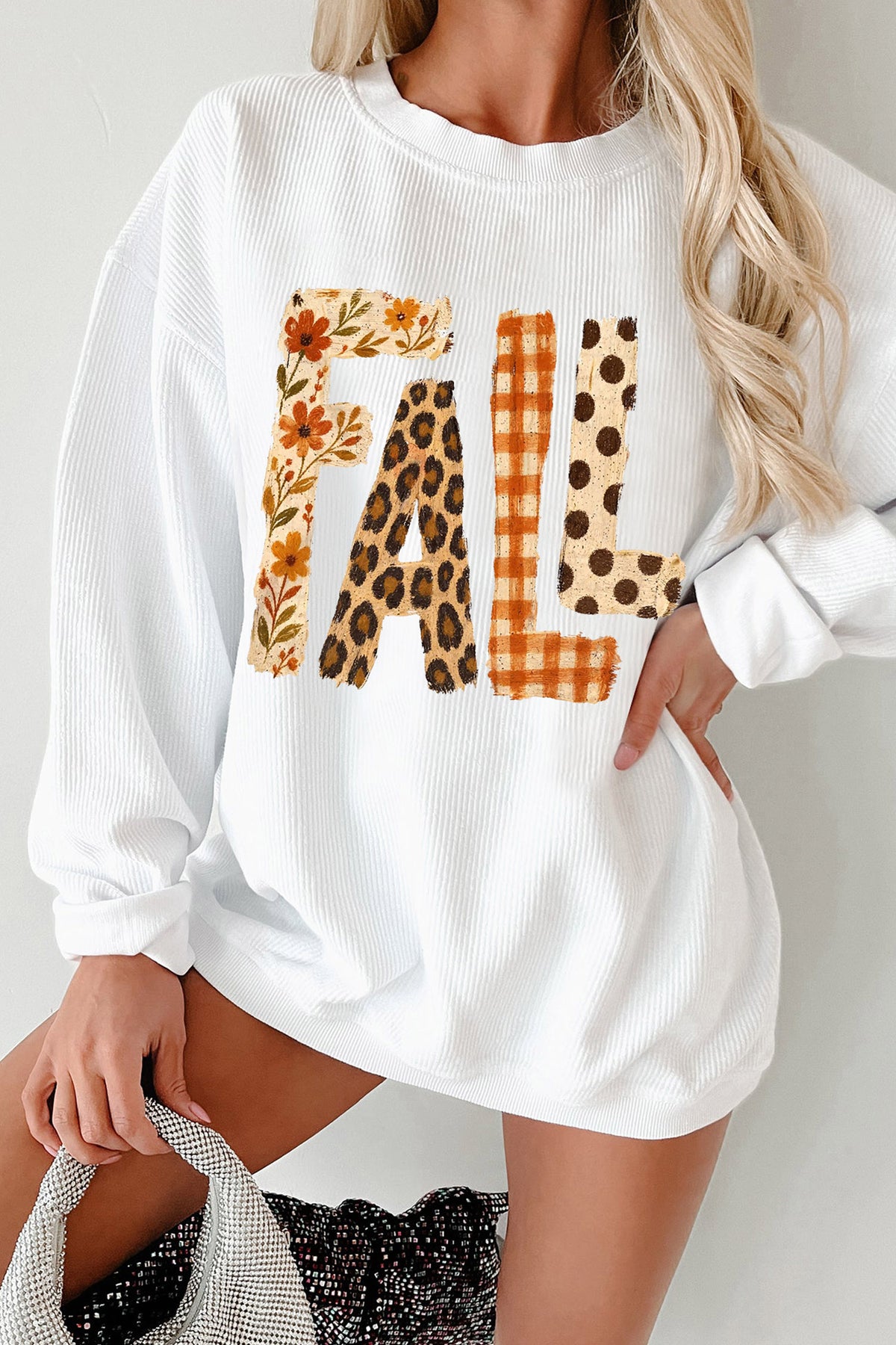 *White Fall Letter Pattern Graphic Customized Corded Sweatshirt