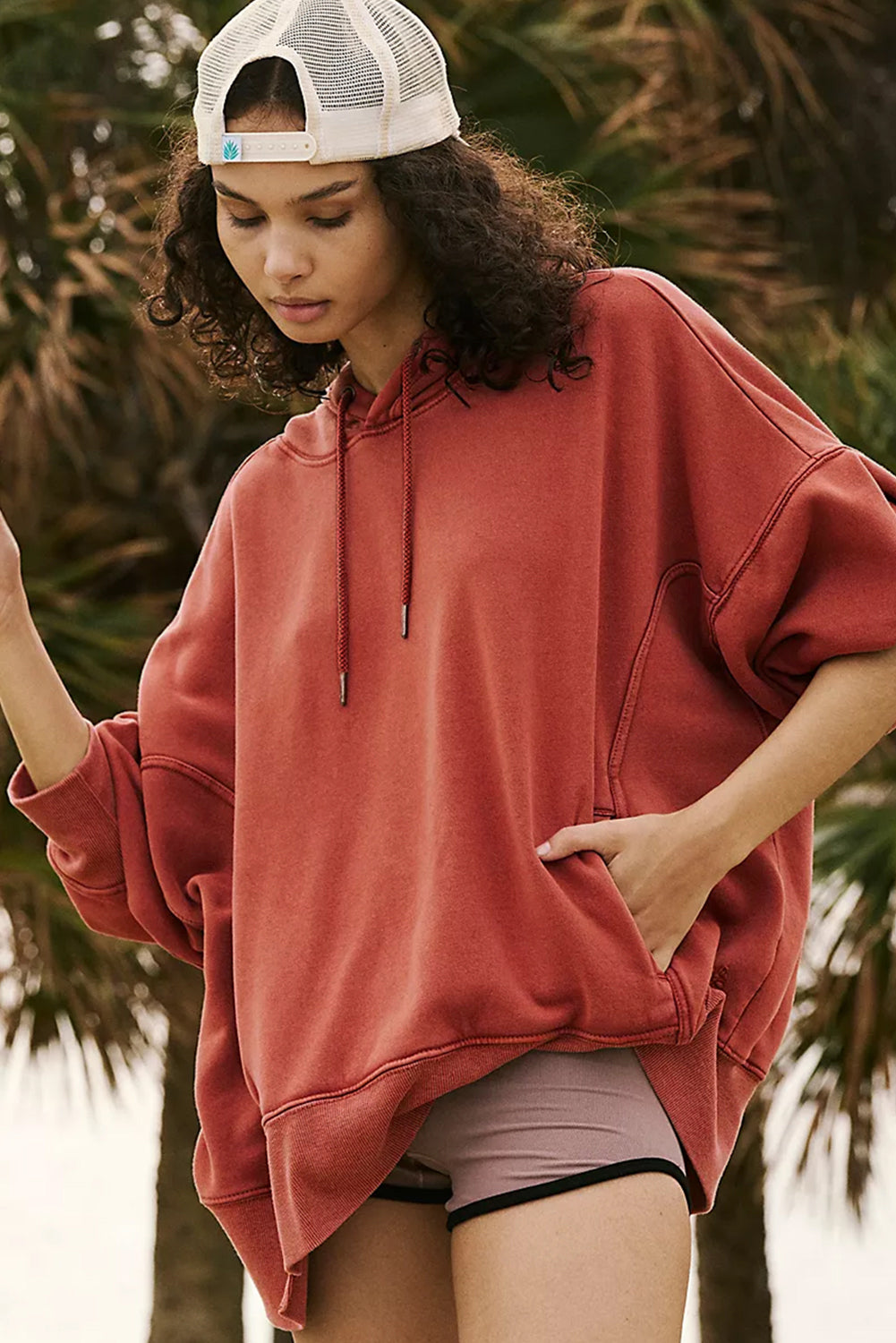 *Red Clay Drop Shoulder Pocketed Baggy Drawstring Hoodie