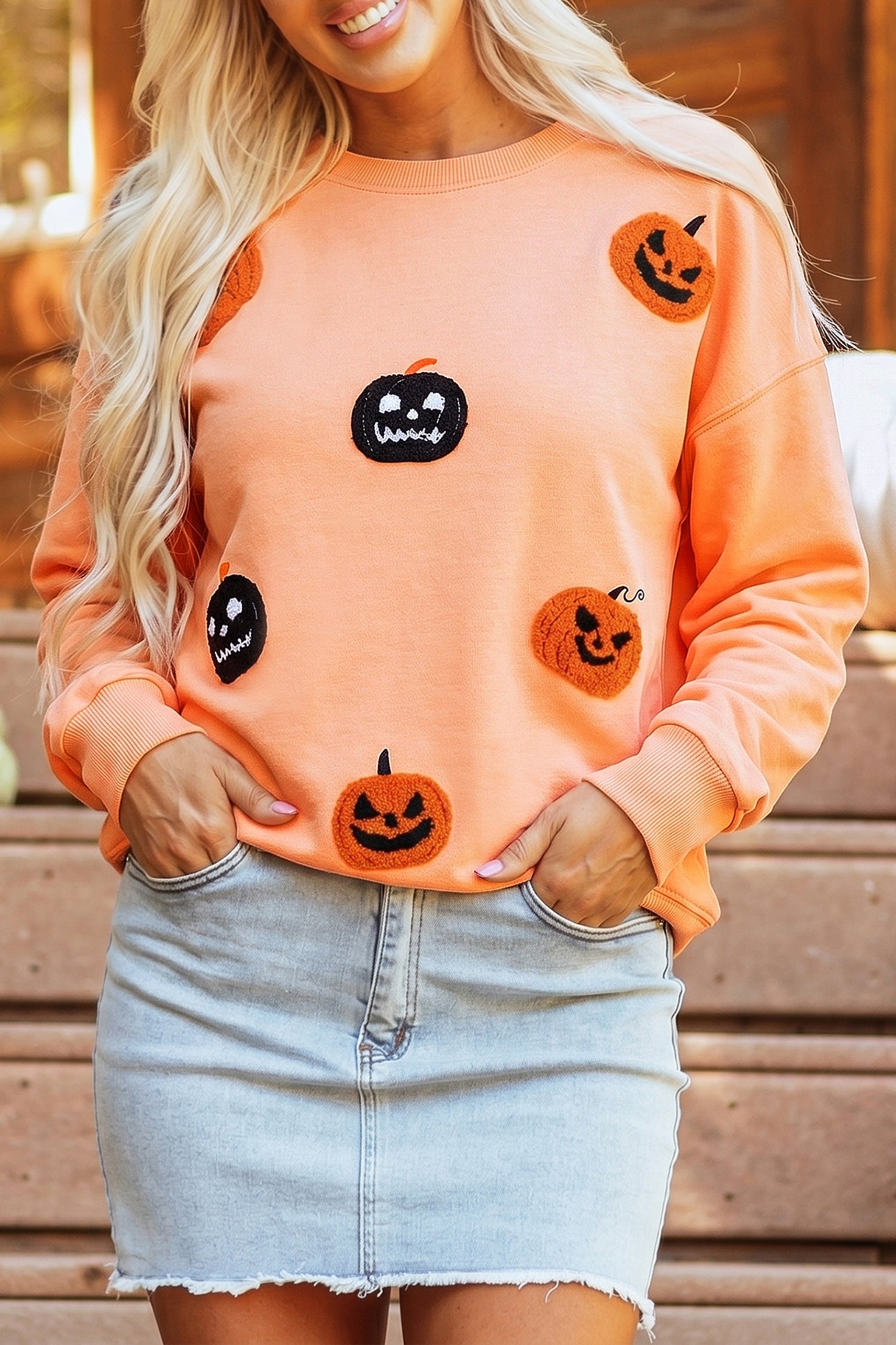 *Orange Embroidered Pumpkin Face Drop Shoulder Sweatshirt